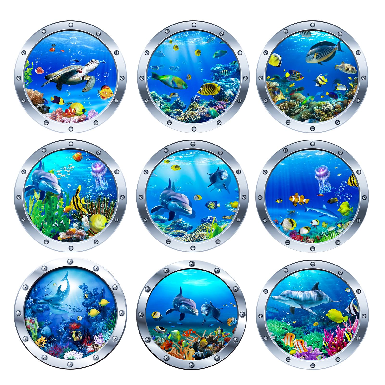 9Pcs Ocean World Wall Stickers, 12” Removable Art Decals for Kids, 3D Wall Decals Peel and Stick Vinyl Stickers for Bathroom and Bedroom, Furniture, Home Decor