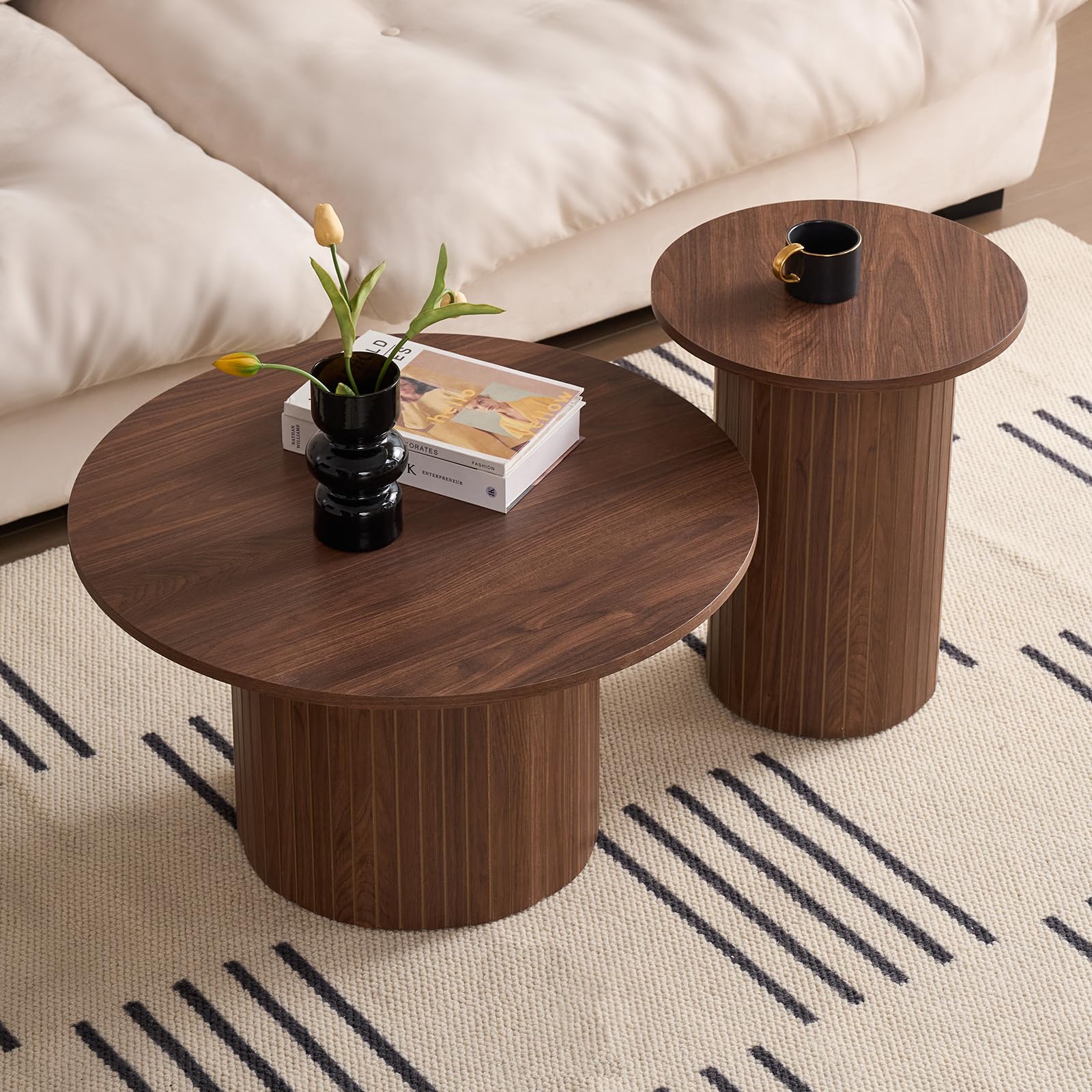 Lot de 2 Tables Basses Rondes Modernes, Support de Base de Colonne Romaine, Table D'appoint de Canapé Ronde de Style Ferme, Convient au Salon, au Bureau - Marron Foncé