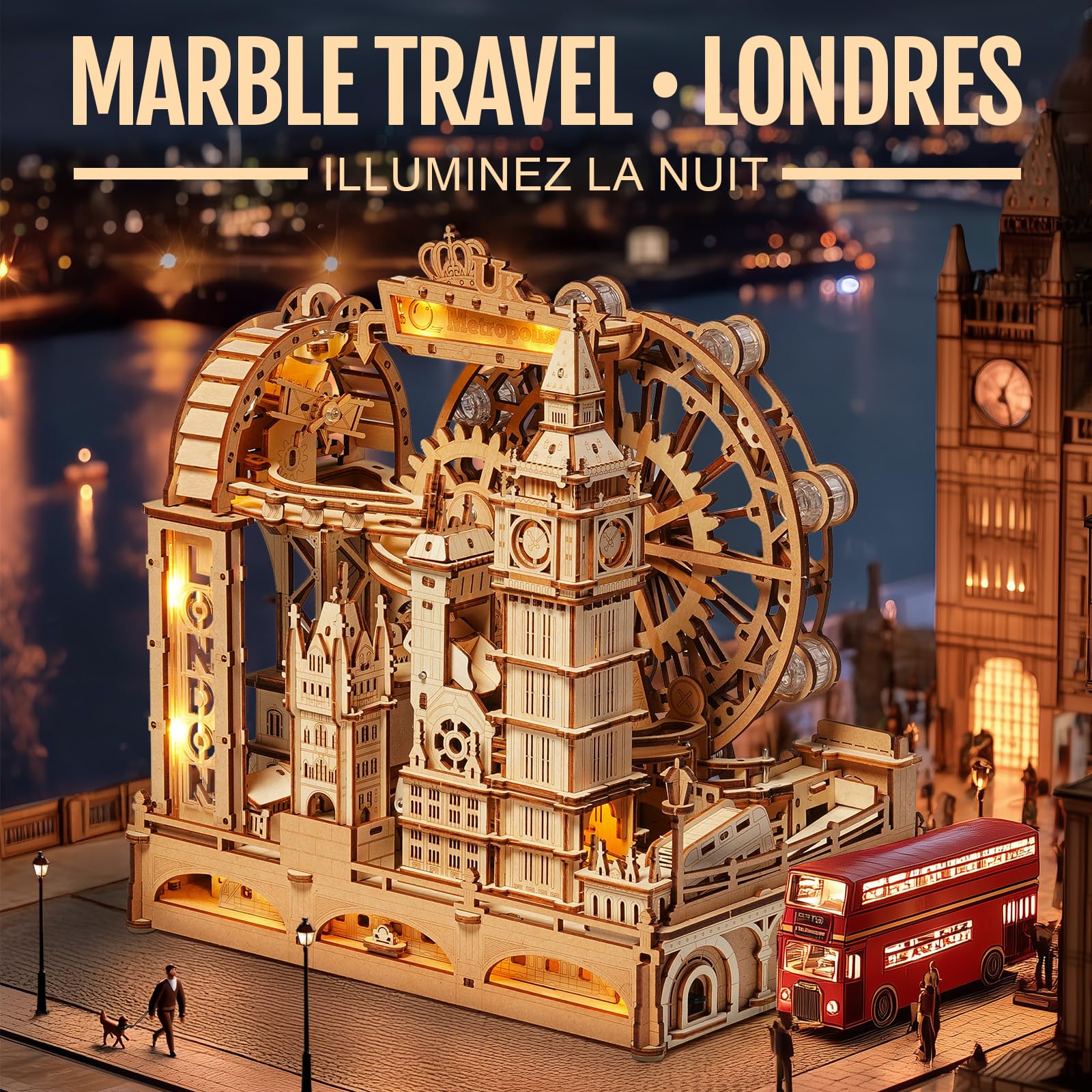 ROKR Marble Travel London – Puzzle Circuit à Billes 3D en Bois, Kit STEM pour Adolescents & Adultes, Maquette Interactive des Monuments de Londres avec Affichage Lumineux