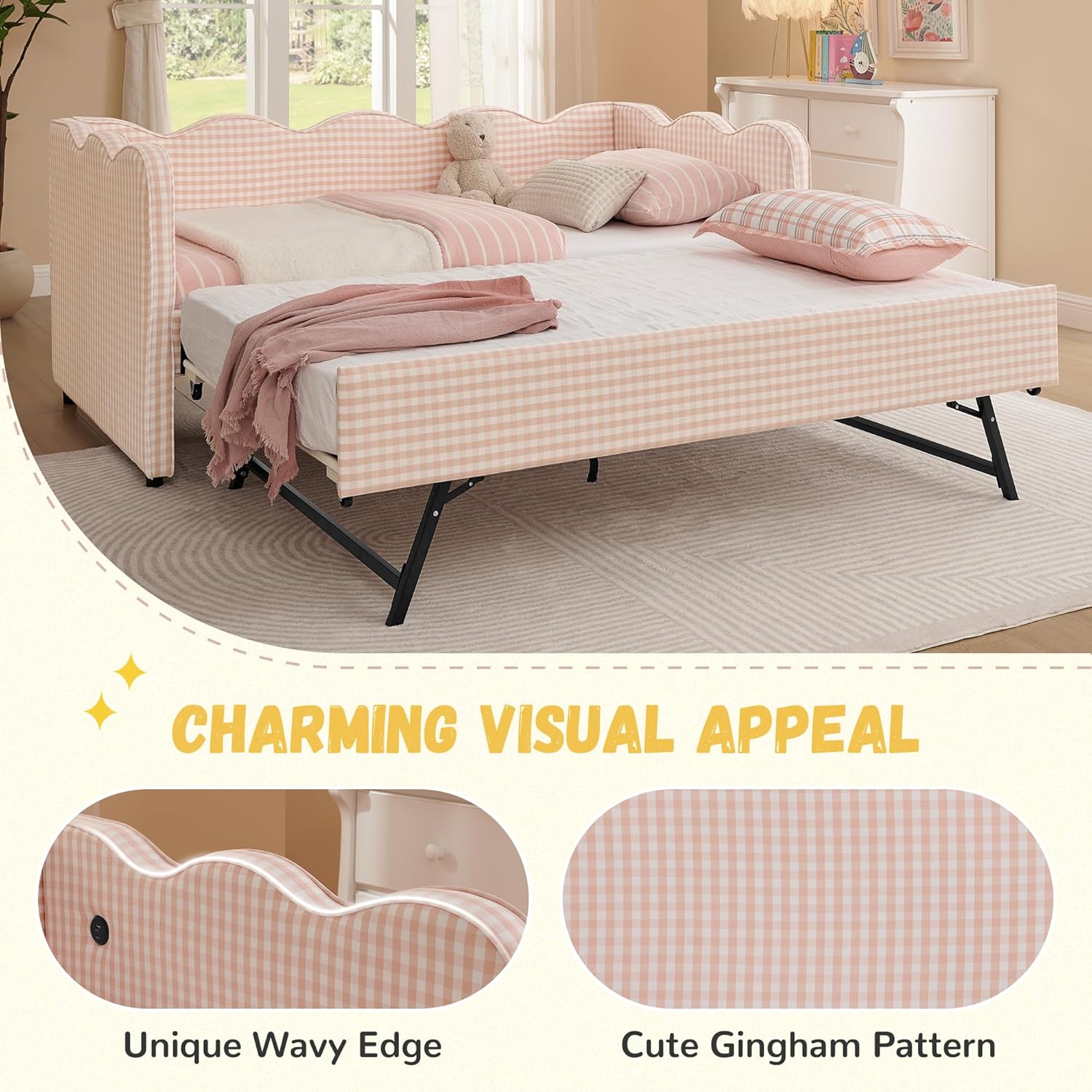 DEINPPA Twin Size Upholstered Daybed with Trundle, Gingham Daybed with USB Ports for Bedroom Living Room Guest Room-Pink
