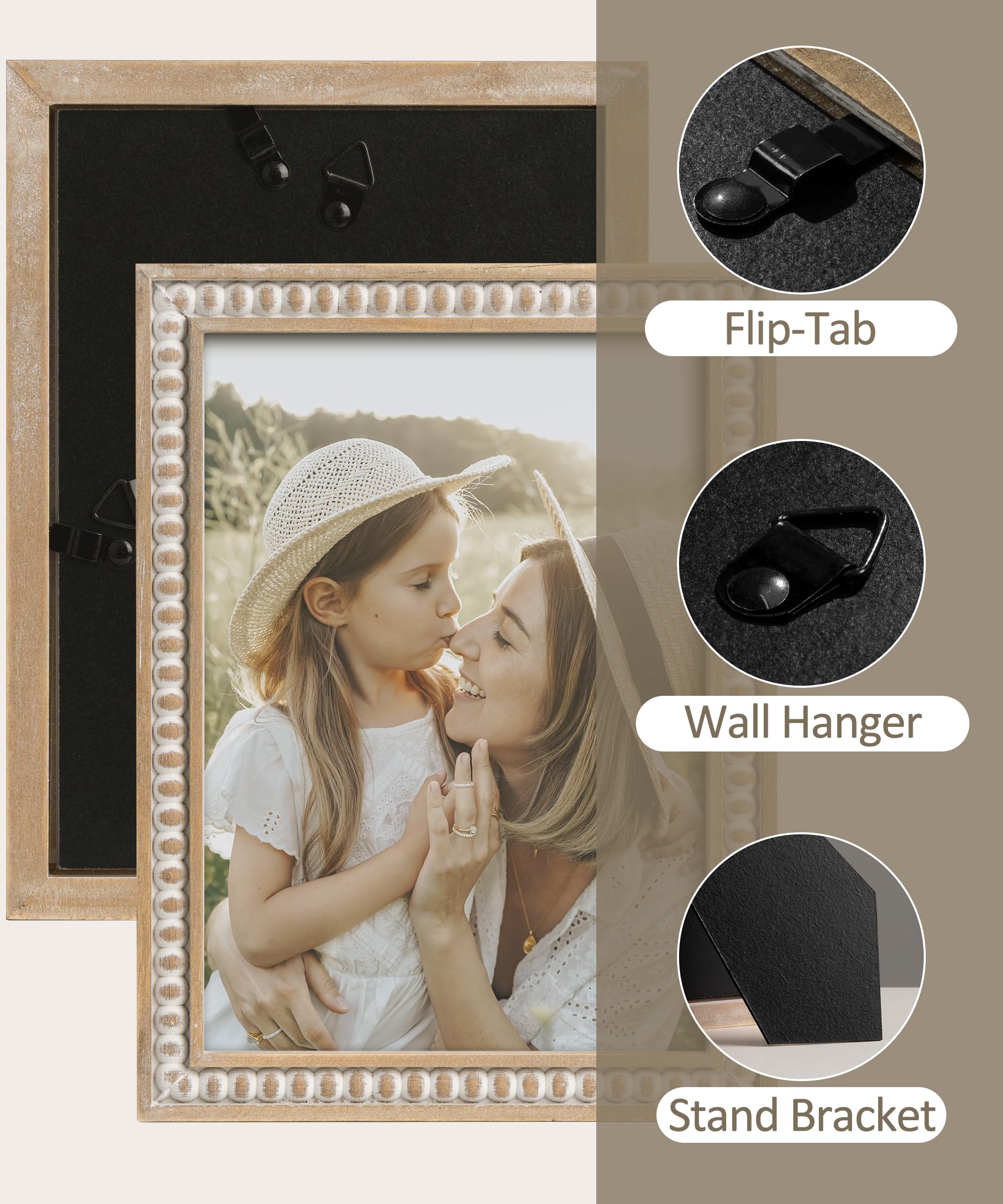 Cornice Foto In Legno Vintage 13x18 Cm – Con Perle Di Legno Rustiche – Per Tavolo O Parete – Regalo Per Mamma E Nonna - 3