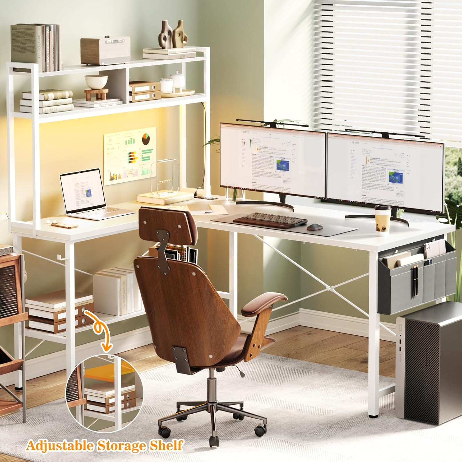 Aheaplus L Shaped Desk Gaming Desk, 59" L Shaped Computer Desk with LED Light & Power Outlet, Reversible Home Office Desk Gamer Desks with Shelves & Storage Bag & Hooks, Corner PC Desk, White - Image 2