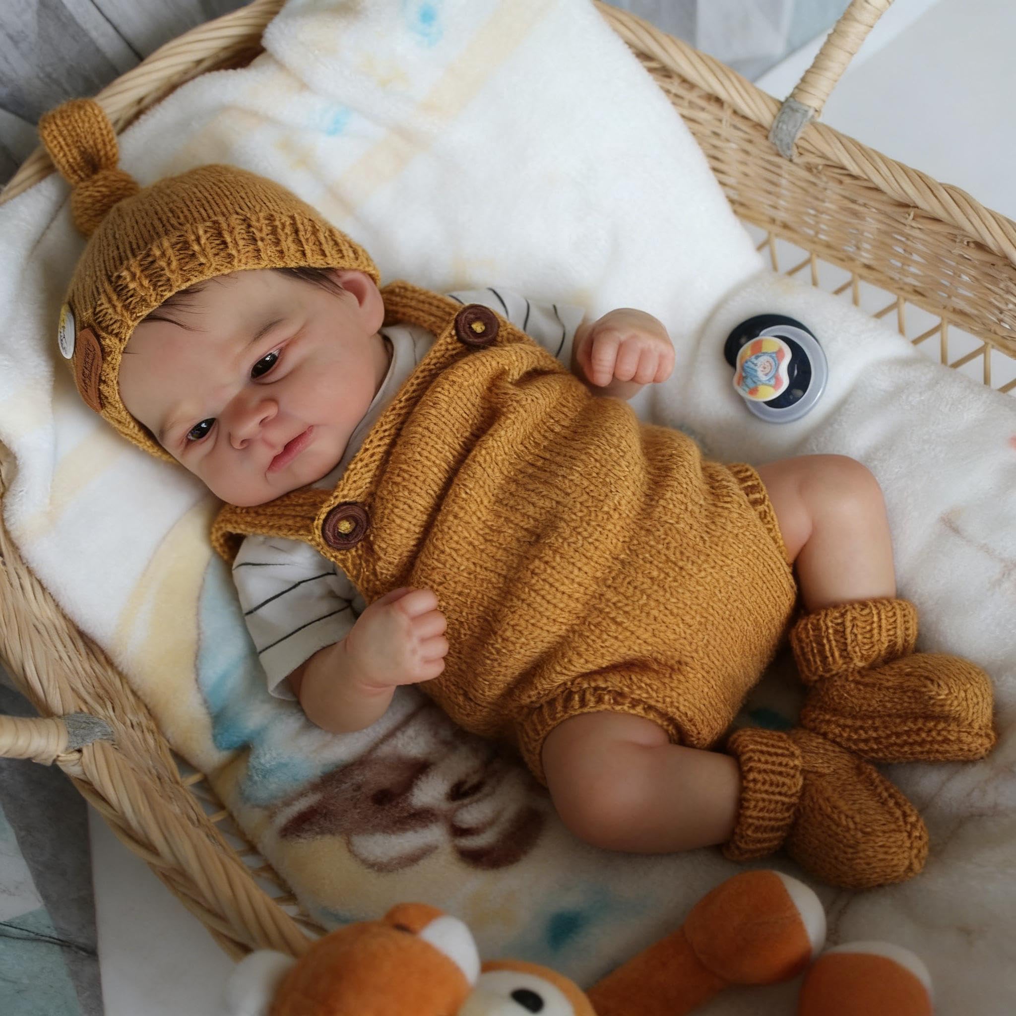 RXDOLL Reborn Baby Junge Offene Augen Vollsilikon Lebensecht, 43 cm Silikon Baby Puppe, Reborn Puppen Lebensecht, Lebensechte Babypuppen Junge Mit Zubehör