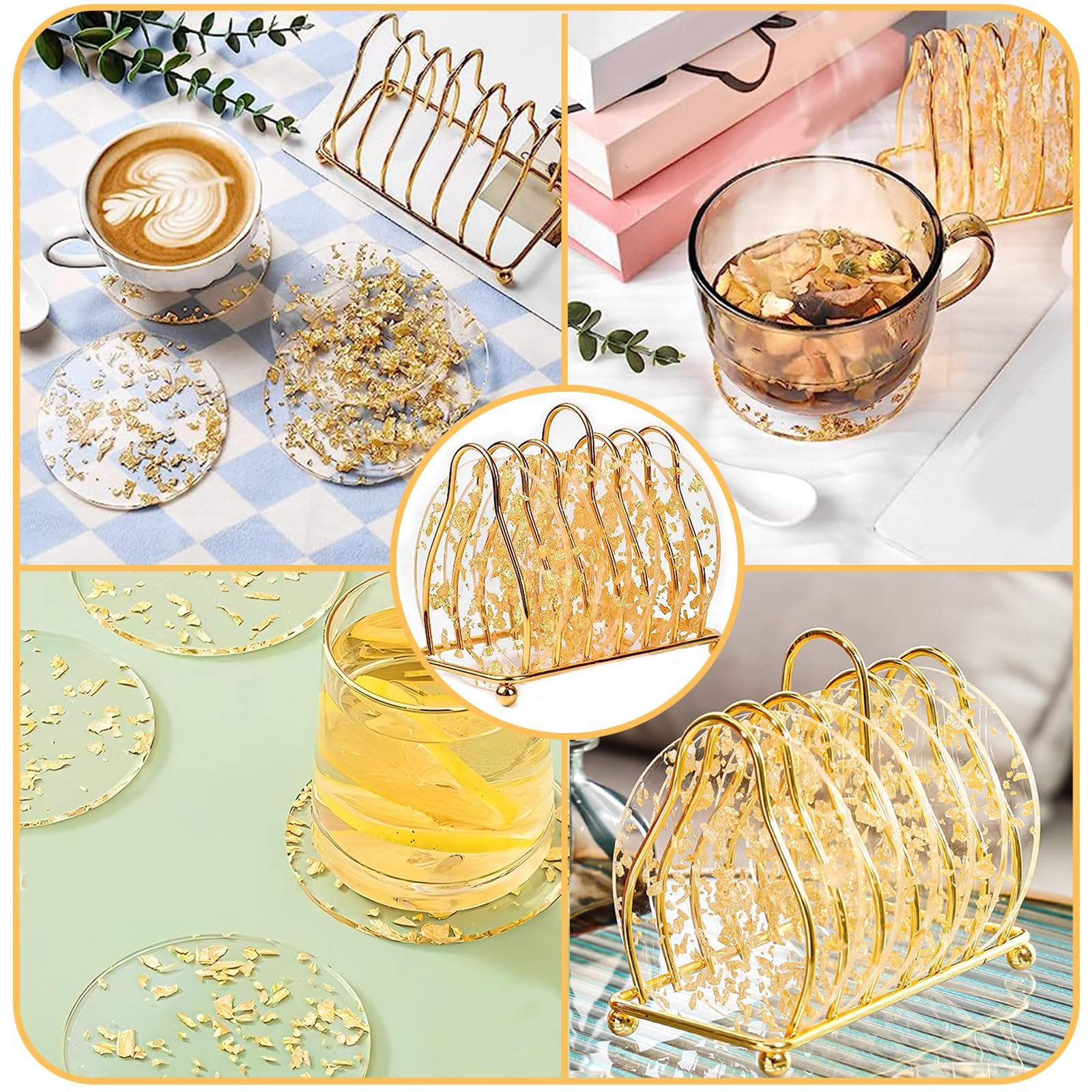 Onderzetters voor drankjes, 6 stuks goudfolie acryl onderzetters, ronde 9,5 cm transparante goudfolie mokken, prachtige decoratieve onderzetter, hittebestendig/antislip/wasbaar, voor kerstversiering