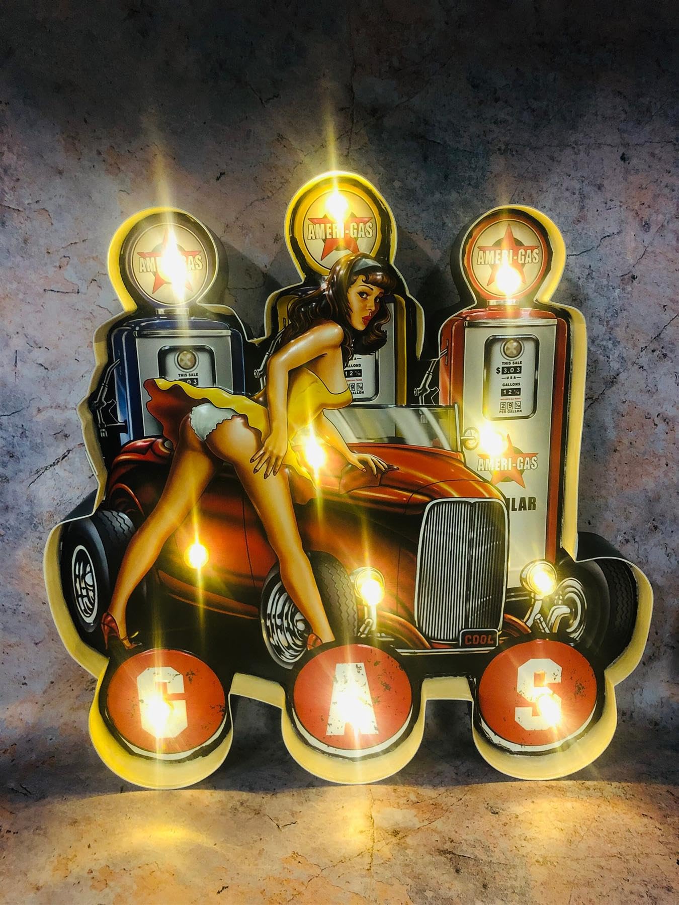 Targa da parete vintage in metallo 3D con logo a LED per grotta