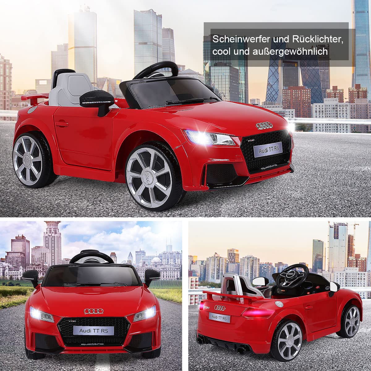 COSTWAY 12V Audi Kinderauto mit 2,4G-Fernbedienung, 3 Gang Elektroauto 2,5-5km/h mit MP3, Hupe, Musik und LED-Leuchten, Kinderfahrzeug für Kinder von 3-8 Jahren (Rot)