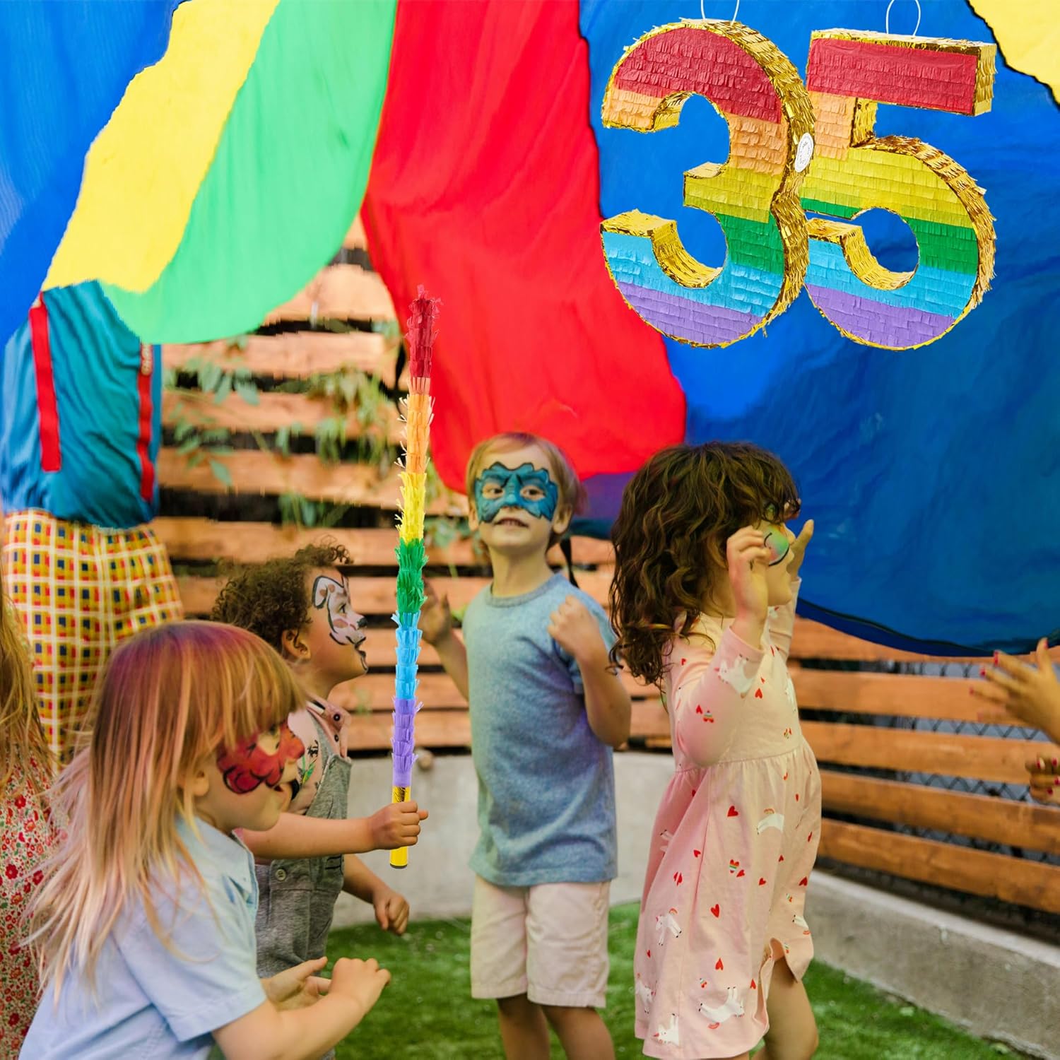PCFING 20 Inch Number 3 Piñata Bundle with Number 5 Piñata Rainbow with 30 Inch Piñata Stick Blindfold Confetti for Boy Girl Kids Birthday Party Decorations, Anniversary Celebration, Fiesta