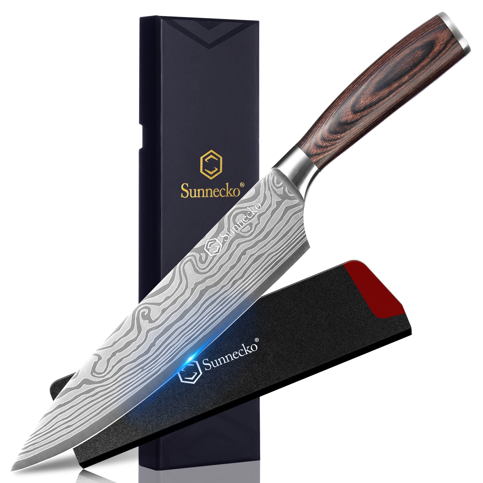 Sunnecko Chef's Knife, 8.0 inches (203 mm), Stainless Steel, Sheath Included, Wood Handle, For Cooking, Well-Cut, Left Handed, Double-Edged, Damascus Pattern, Rustproof, Bread Cut, Butcher Cut : Home 