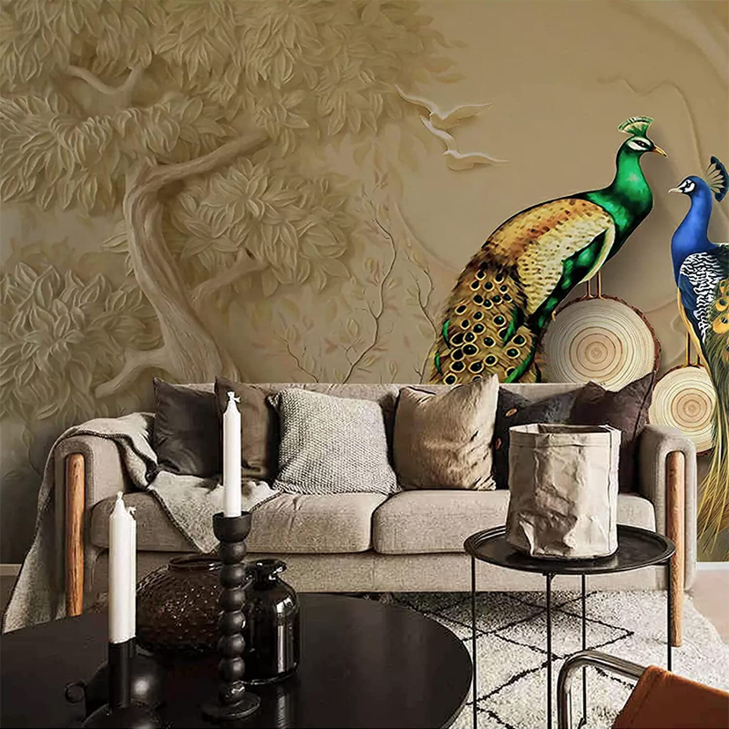 Papel Pintado Mural, 3D Pareja De Animales Pavo Real Papel Pintado Autoadhesivo Peel And Stick Para Sala De Estar, Dormitorio, Tv, Fondo, Oficina, Restaurante, Habitación, Pós 350(ancho)x256(alto)cm