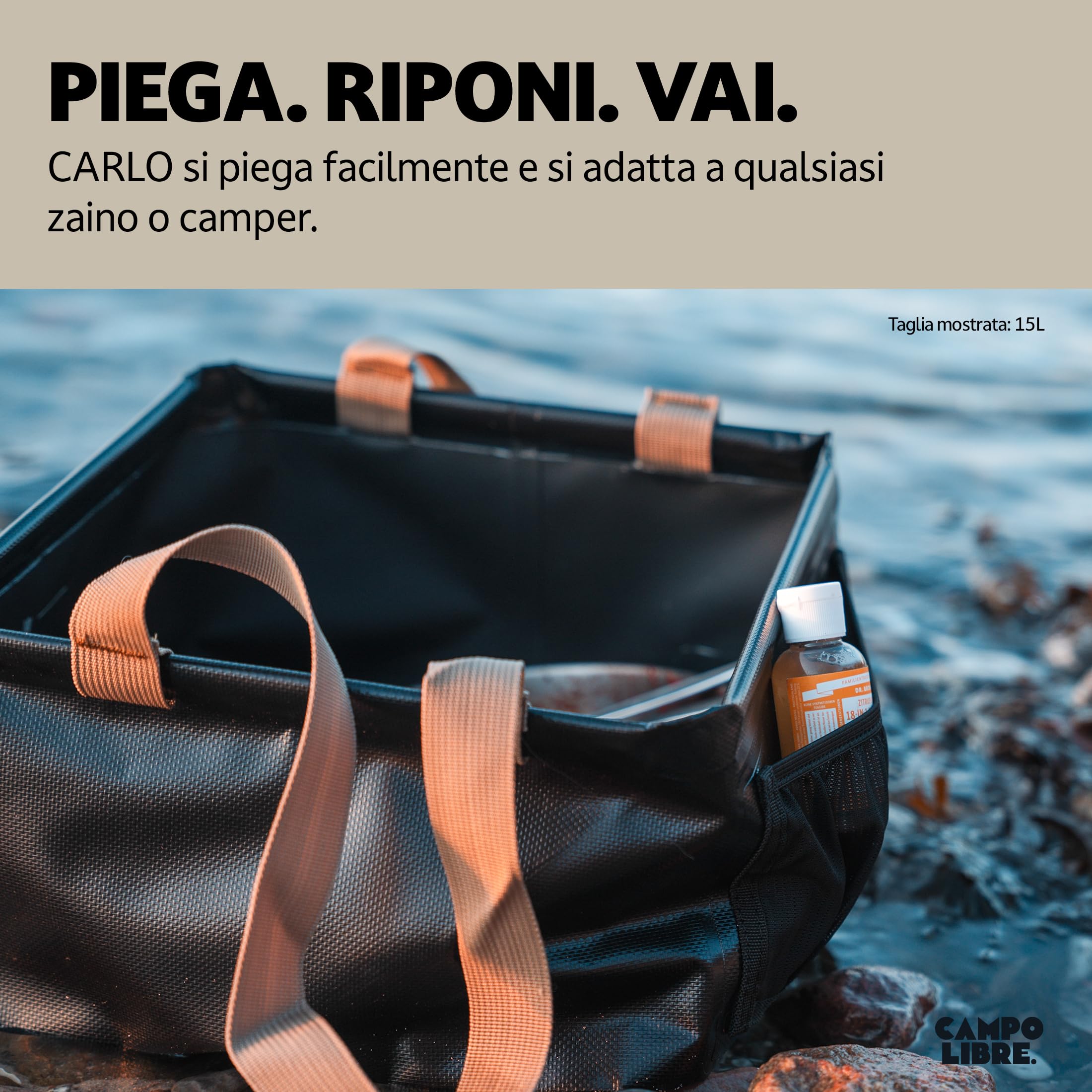 Campo Libre.® Carlo I - Ciotola pieghevole da campeggio, con manici lunghi e vano portaoggetti, compatta e pieghevole, per stoviglie da campeggio, 15 litri