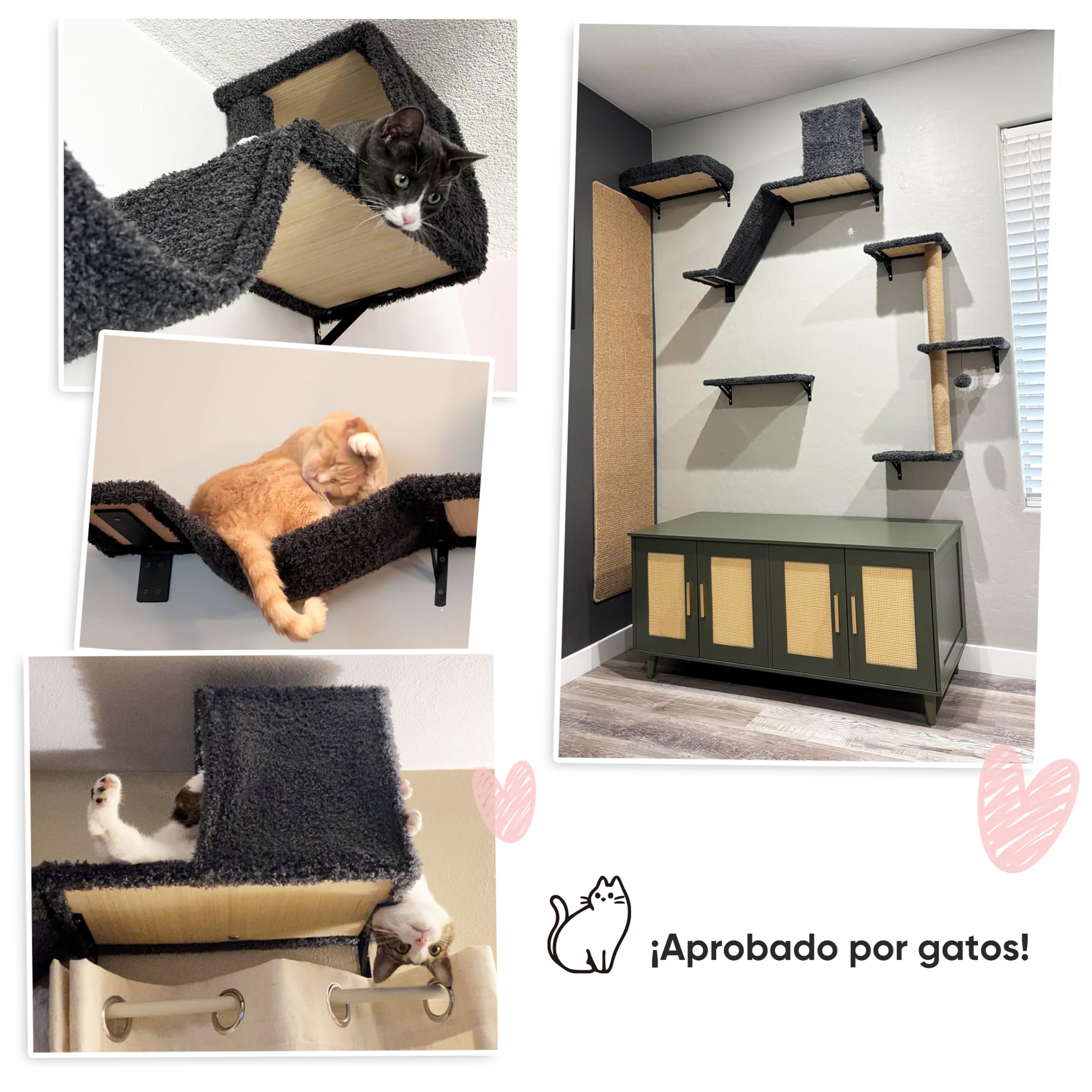 FUKUMARU Set de Pared de Escalada para Gatos, 4 Piezas - Estanterías de Pared, Hechas de Placas Multicapa Fuertes, Puente para Gatos, Árbol para Gatos, Escaleras para Gatos hasta 18 kg, Gris