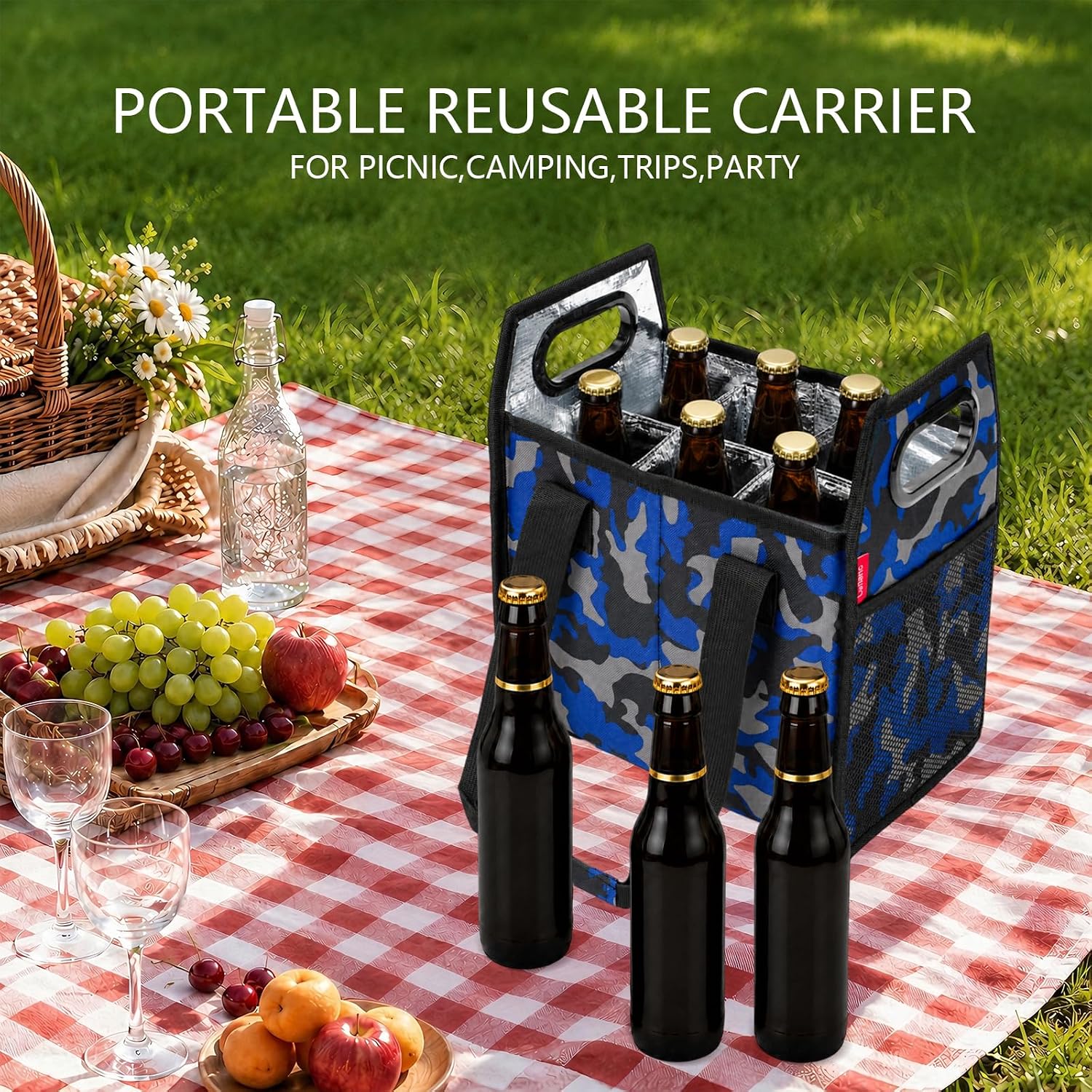 Collapsible 12 Bottle Wine Carrier with Dividers Reusable Portable Wine Tote Bag Handles Strap, Durable Wine Storage Box for Travel, Moving, Picnic, Grocery Shopping (Black Blue Camo, 6 Bottle) image 5