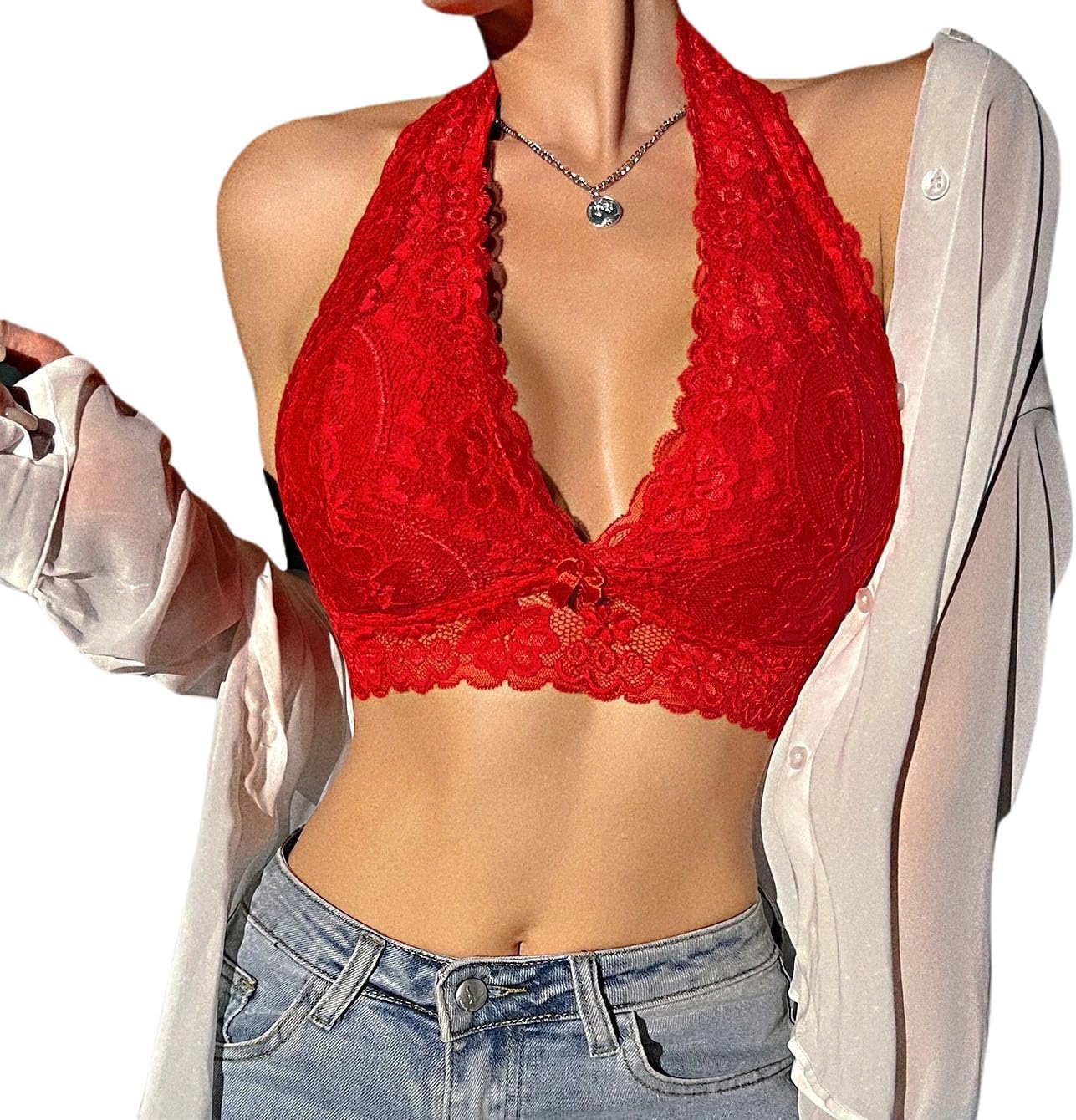 Viomisha Floral Lace Halter Bralette for Women Unpadded Wirefree Lace Bra Halter Crop Top with Hook and Eye Closure Back