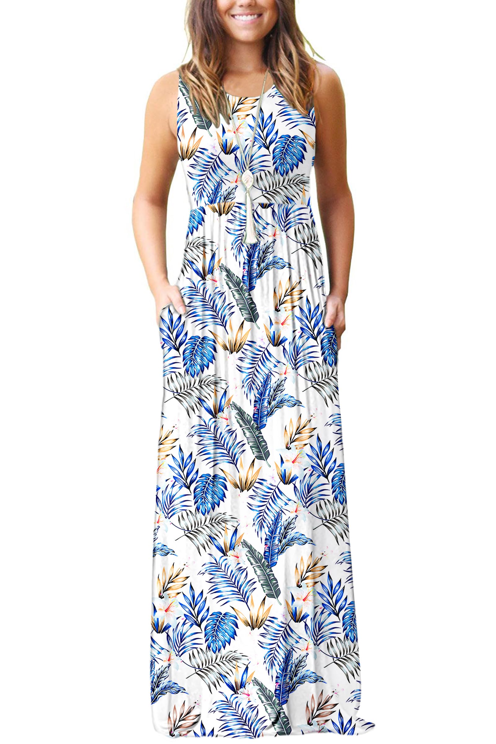AUSELILY Women's Summer Sleeveless Loose Plain Casual Long Maxi Dresses | Year Round wear solid floral print, Casual daily wear, Empire waist, Floor length, Side pockets New