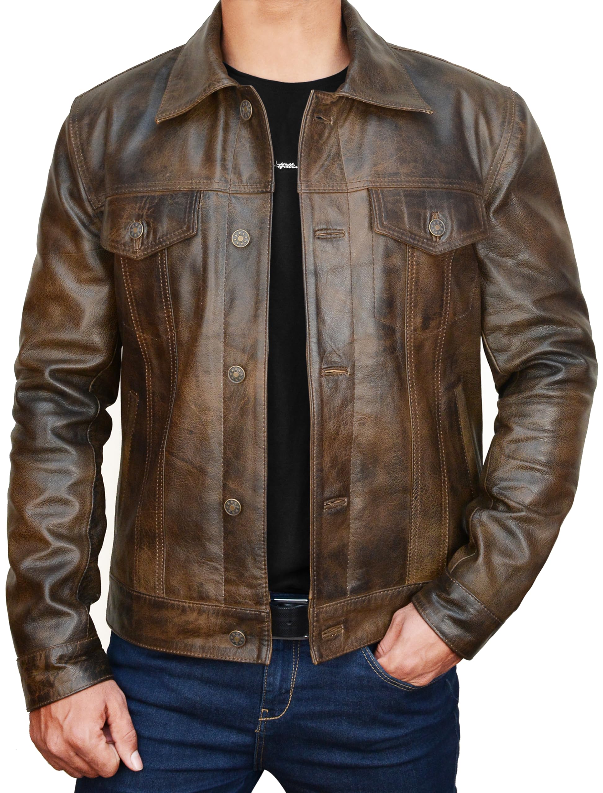 Harrington Veste de camionneur en cuir véritable pour homme – Col de chemise – Veste en cuir de cowboy occidental