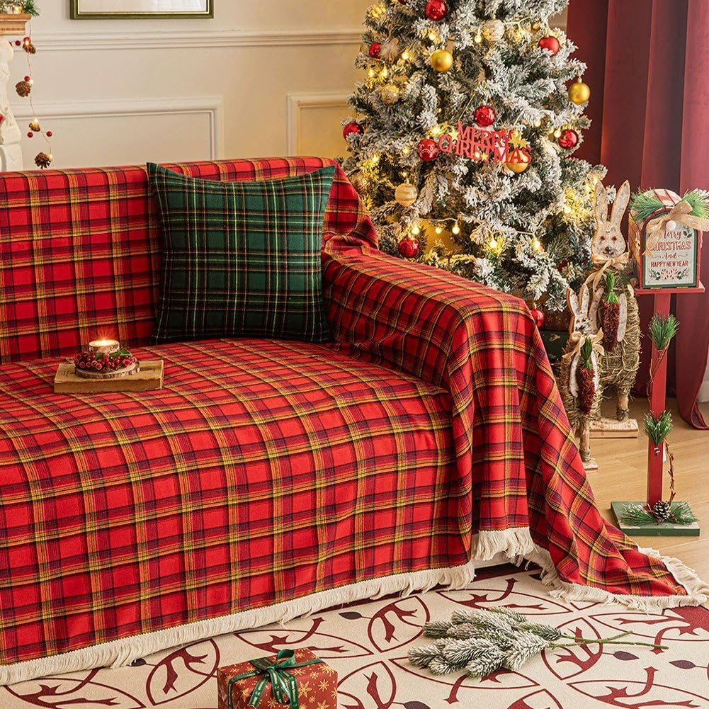 Christmas Plaid Couch Cover with Tassel, Washable Sofa Covers Couch Furniture Protector Seat Slipcover for Living Room