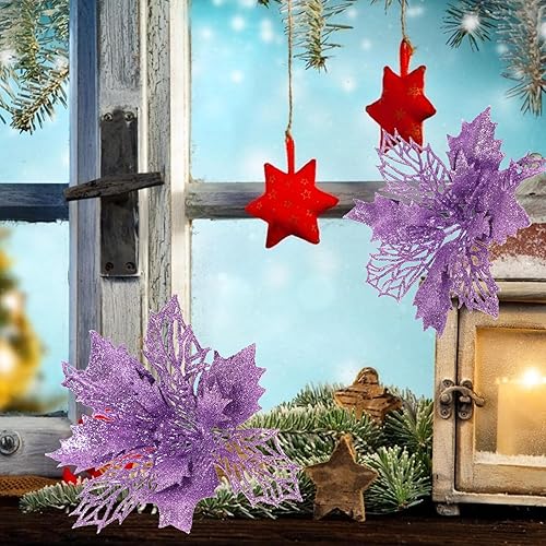 Miniatura 4 de DEARMAMY 1 juego de 12 rosas huecas de Navidad verdes con purpurina de Navidad artificiales para árbol de Navidad, flores artificiales para árbol de