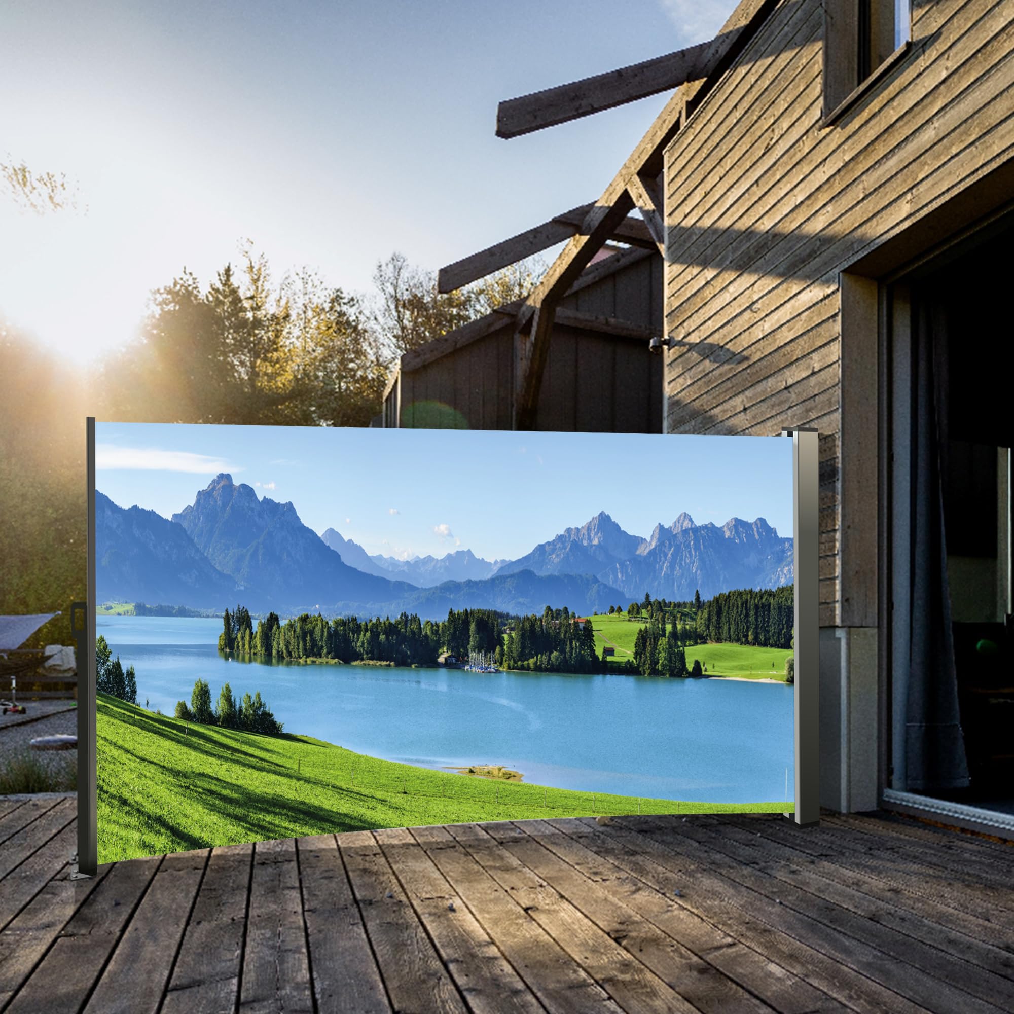 Seitenmarkise mit Fotodruck Berge - Auszug Links - Bildmotiv rechts