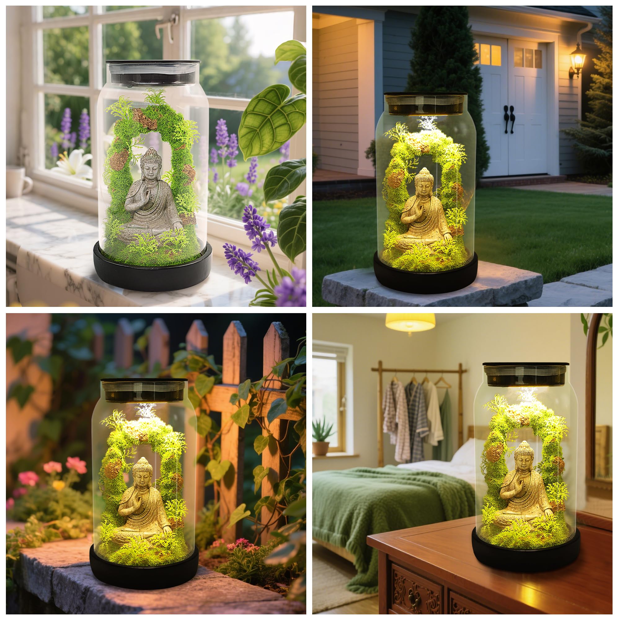 Statue de Bouddha de jardin solaire pour décoration d'intérieur – Sculptures de lumières solaires zen de 24 cm avec 15 LED, figurine de Bouddha assis, méditant, mousse sereine dans un pot pour