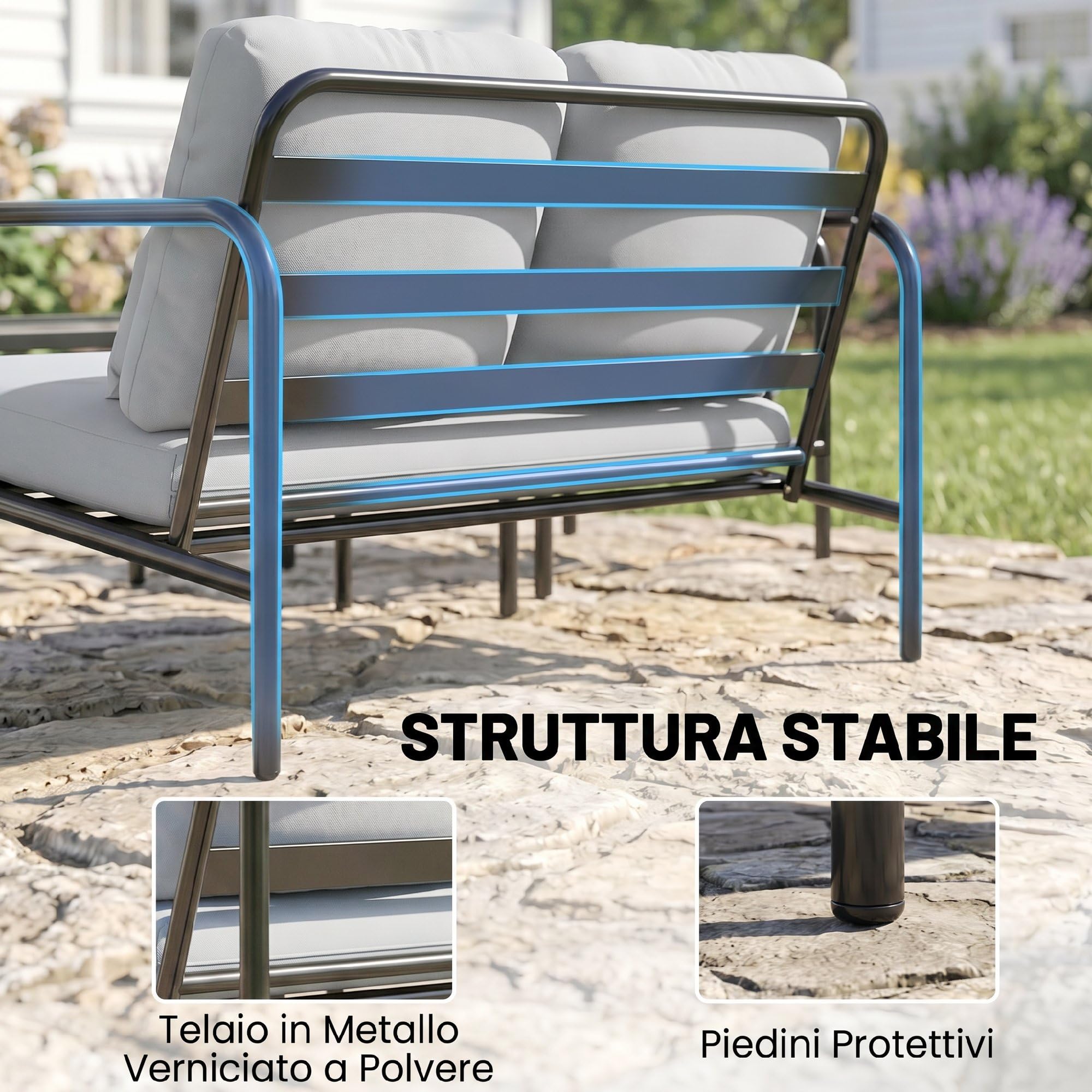 Outsunny Set Salotto da Giardino 4 Pezzi, Acciaio, Divano 2 Posti, Poltrone, Tavolino Vetro, Cuscini, Grigio Chiaro