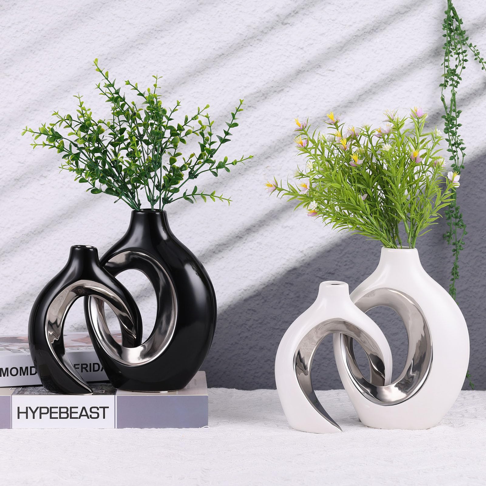 Juego de 2 Jarrones De Cerámica Huecos -Decoración Bohemia Moderna para Comedor, Sala de Estar, Oficina, Dormitorio Flores Secas y Pampas Regalo Ideal para Inauguración de Casa