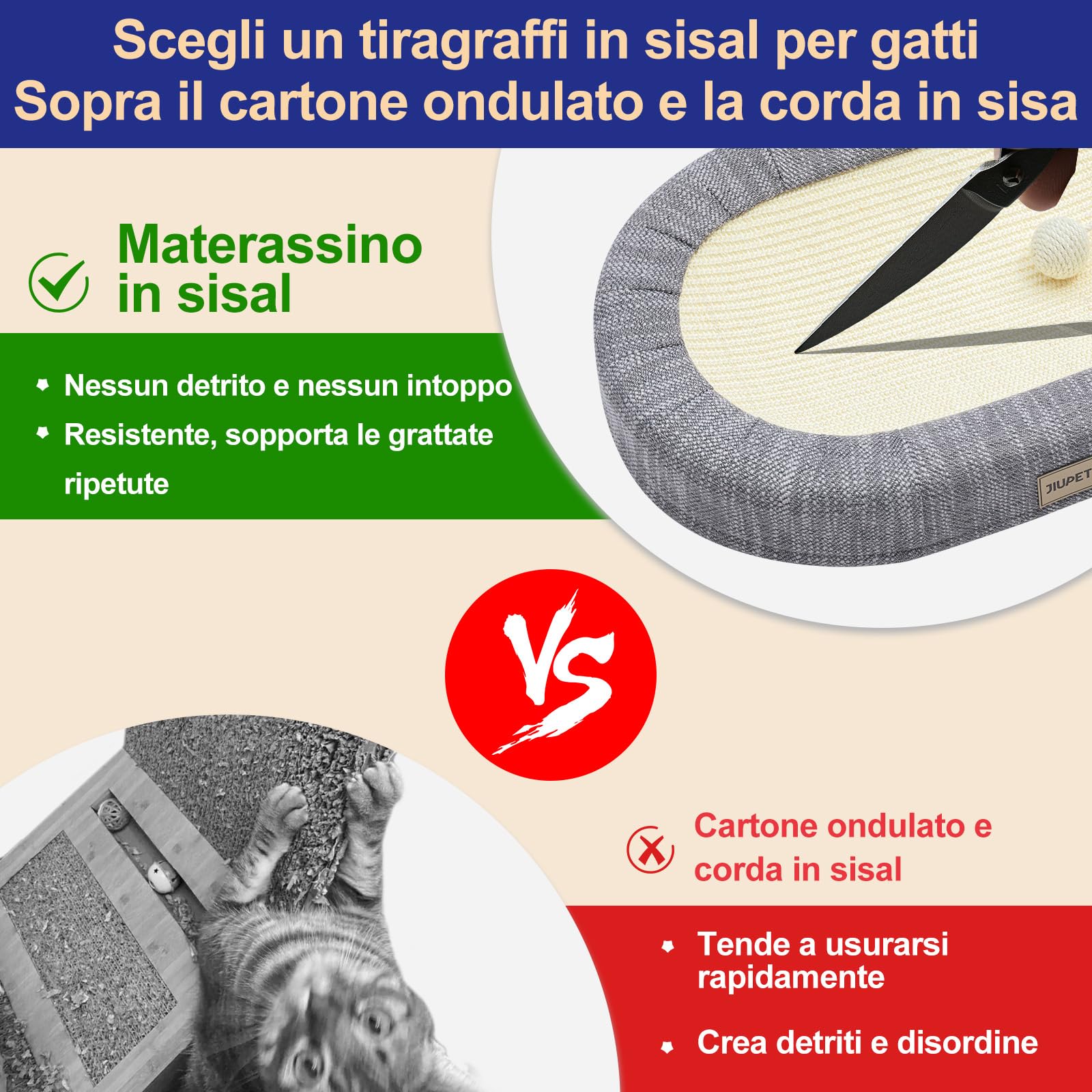Jiupety Tiragraffi Ovale per Gatti in Sisal, 61CM Tiragraffi Gatto Adatto A Gatti Fino A 9 KG di Peso, Cuccia Gatto 3 in 1, Grey