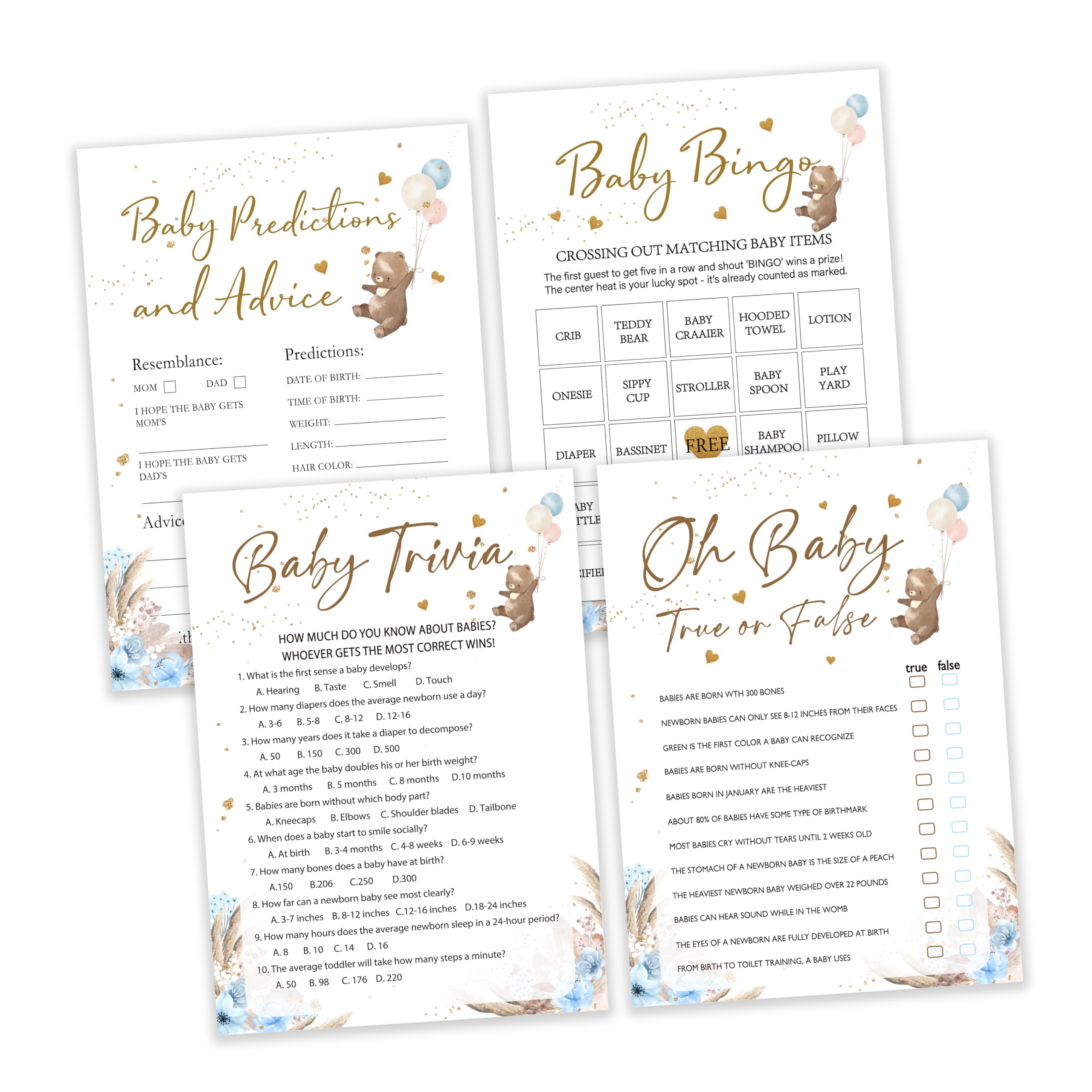 Baby Shower Game, 4 Games for 25 Guests, Baby Predictions and Advice, Baby Trivia, Oh Baby True Or False, Baby Bingo Games, Bear Themed Baby Showers