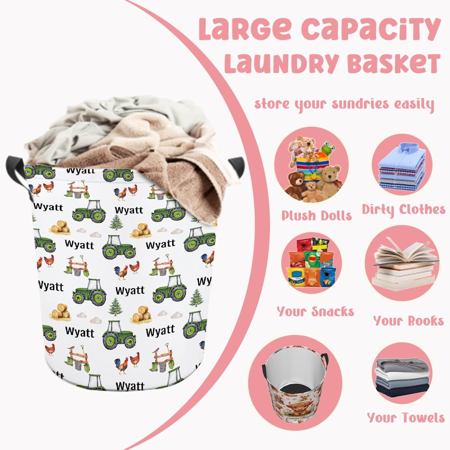 Custom Farm Tractor Laundry Baskets,Personalized Farm Tractor Laundry Basket,Personalized Gifts,Customize Baby Name Laundry Hamper for Kids Adults,Collapsible Clothes Storage Organizer,S-16.5"X 13.8"