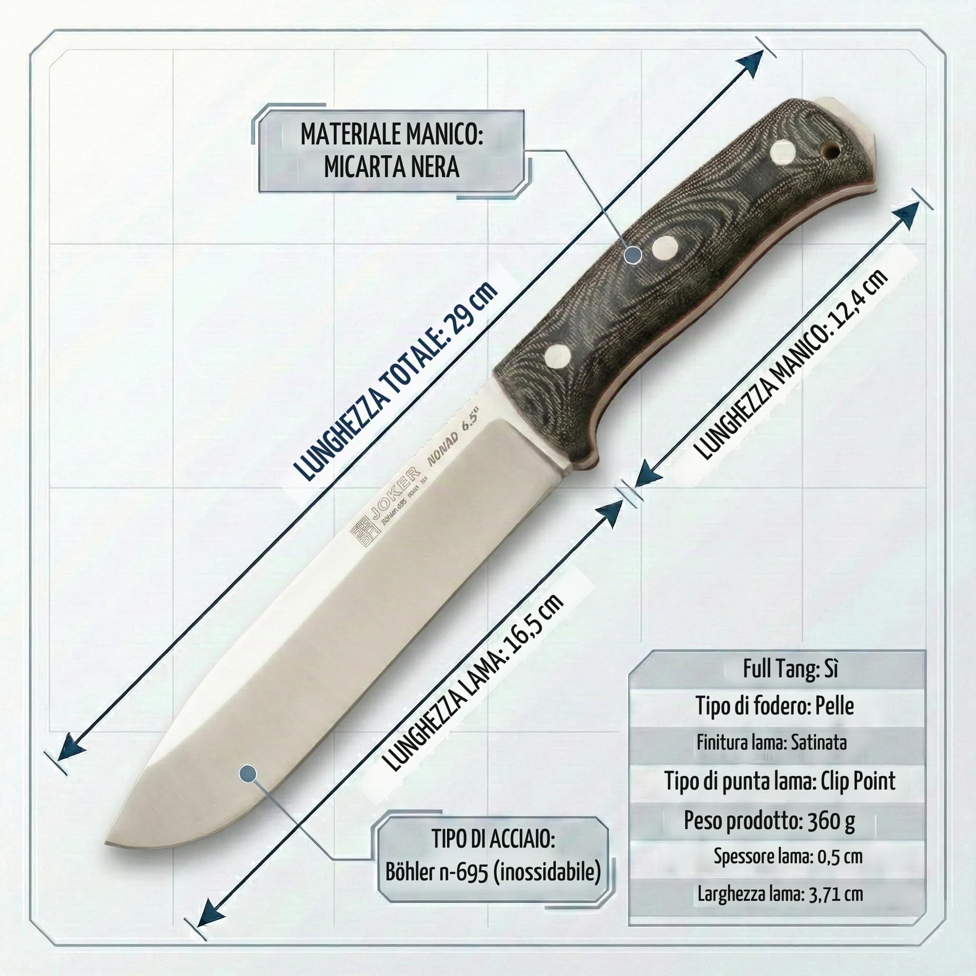 joker Coltello da caccia Nomad CV125, mango tela micarta, lama di 12,7 cm, fodero in pelle nera, include paracord, per la pesca, la caccia, il campeggio e l'escursionismo