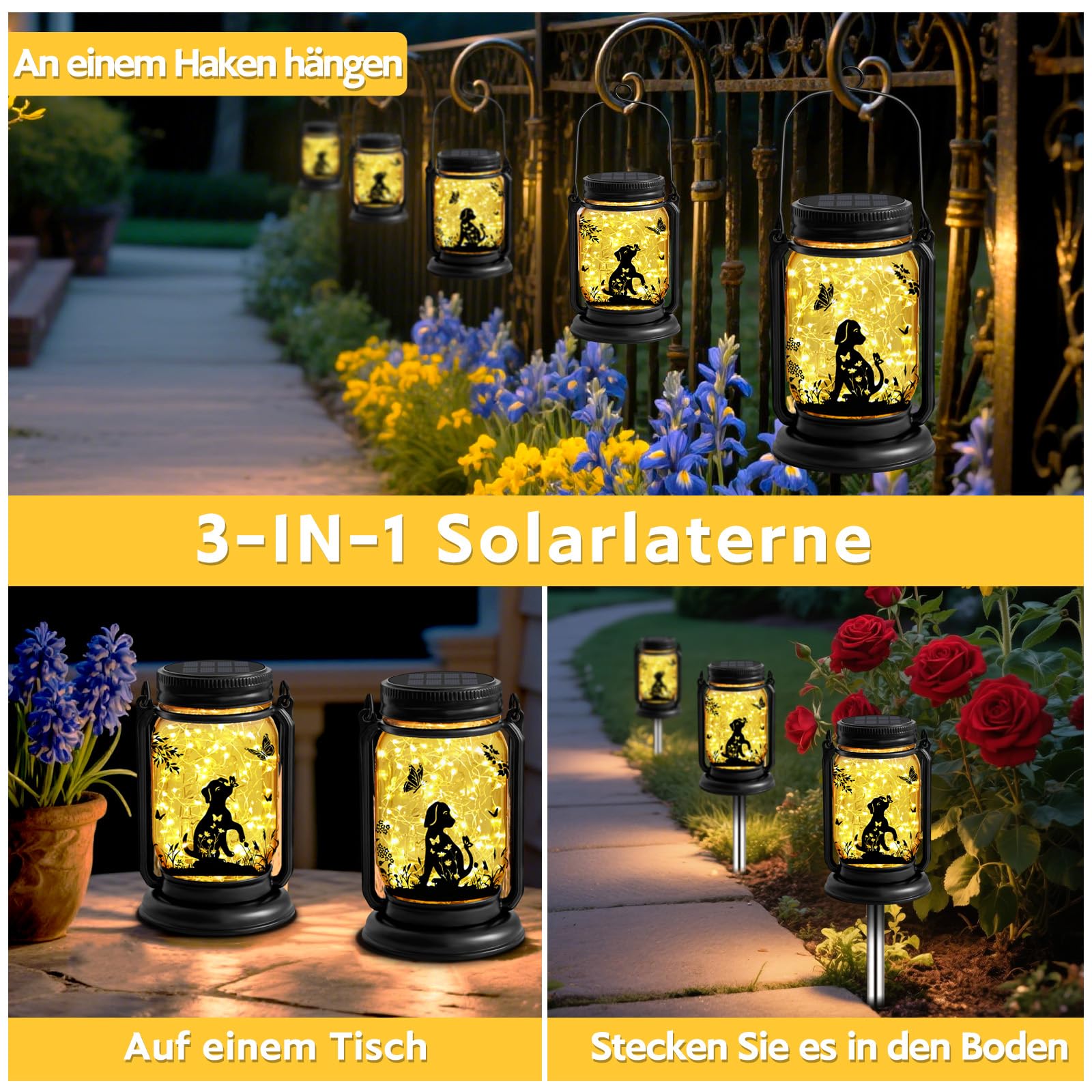 YJFWAL Hund Solar Outdoor Laternen wasserdicht, Hund für Frauen Mutter Weihnachten, 3-in-1 Maurer Glas hängende Laternen mit Stake, Garten Dekor Lichter für Patio Hof Veranda Rasen Balkon