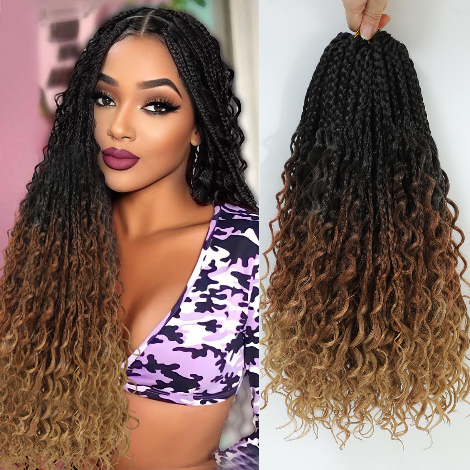Goddess Box Braids Crochet Hair For Black Women 22 Inch 8 Packs Boho Crochet Braids With Curly Ends Ombre Pre Looped Box Braids Bohemian Goddess Braids Crochet Hair (22 Inch (Pack of 8), 1B/30/27)