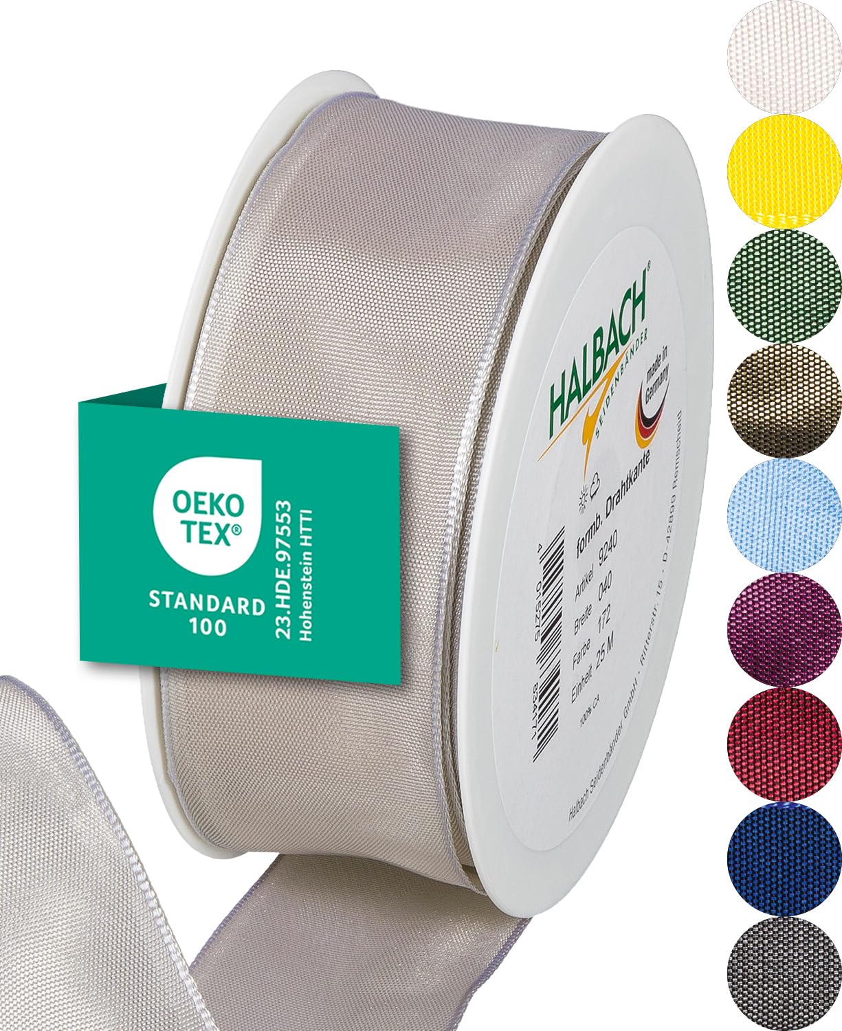 Halbach Seidenbänder Premium Geschenkband mit Drahtkante | Breite 40mm Länge 25m | Öko-Tex 100 zertifiziertes Schleifenband | Taftband Made in Germany, Farbe: leinen