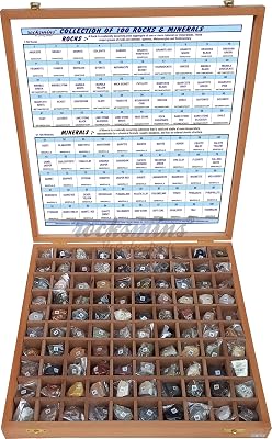 Rocksmins Collection of 100 Rocks & Minerals in a Export Quality Steam Beach Wood Wooden Box RM100WB Big Specimens of 50