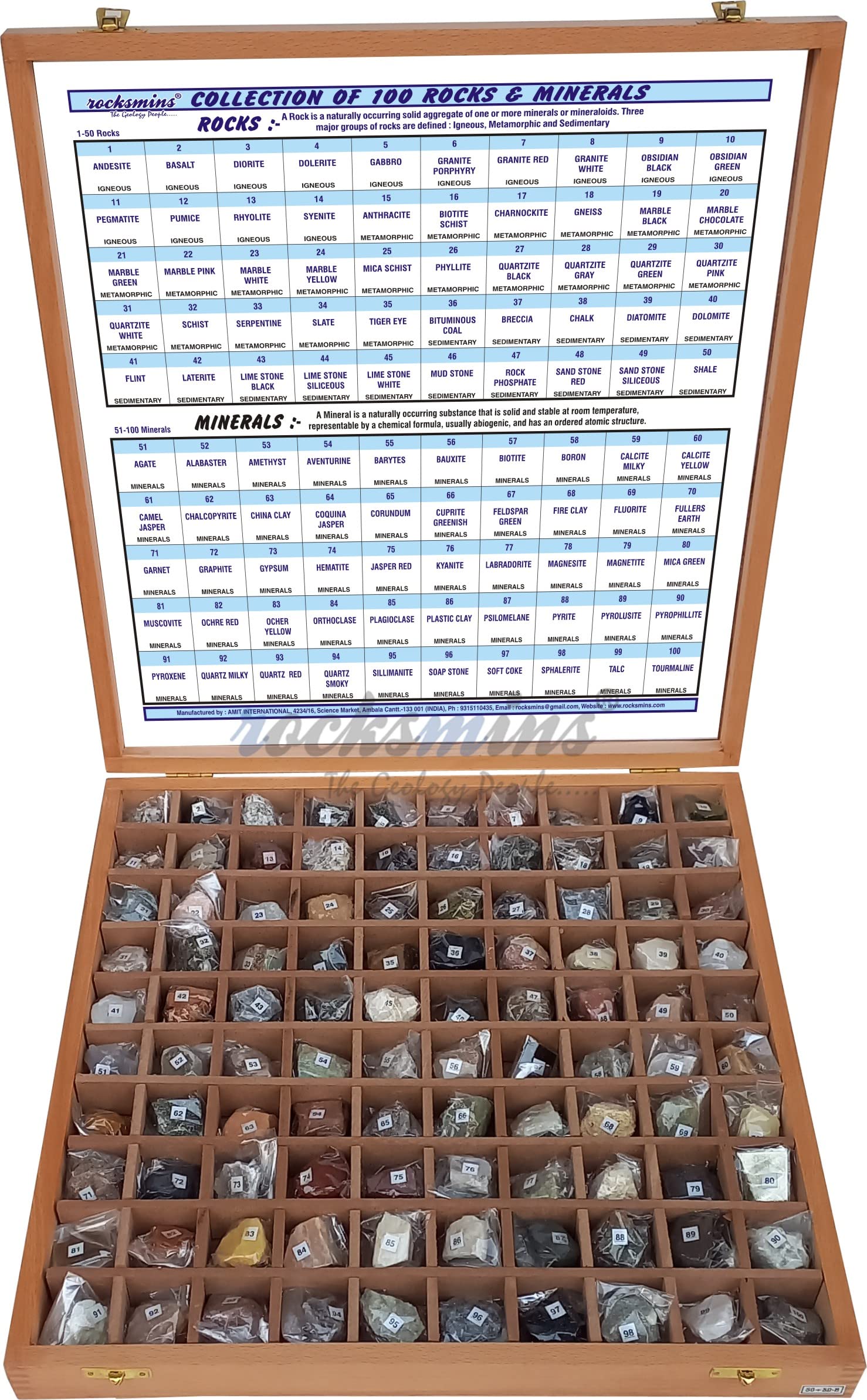 Rocksmins Collection of 100 Rocks & Minerals in a Export Quality Steam Beach Wood Wooden Box RM100WB Big Specimens of 50 Rocks and 50 Minerals in one kit for Education of Geology Earth Science Kit (B09RMHW7FV) Amazon Price History, Amazon Price Tracker