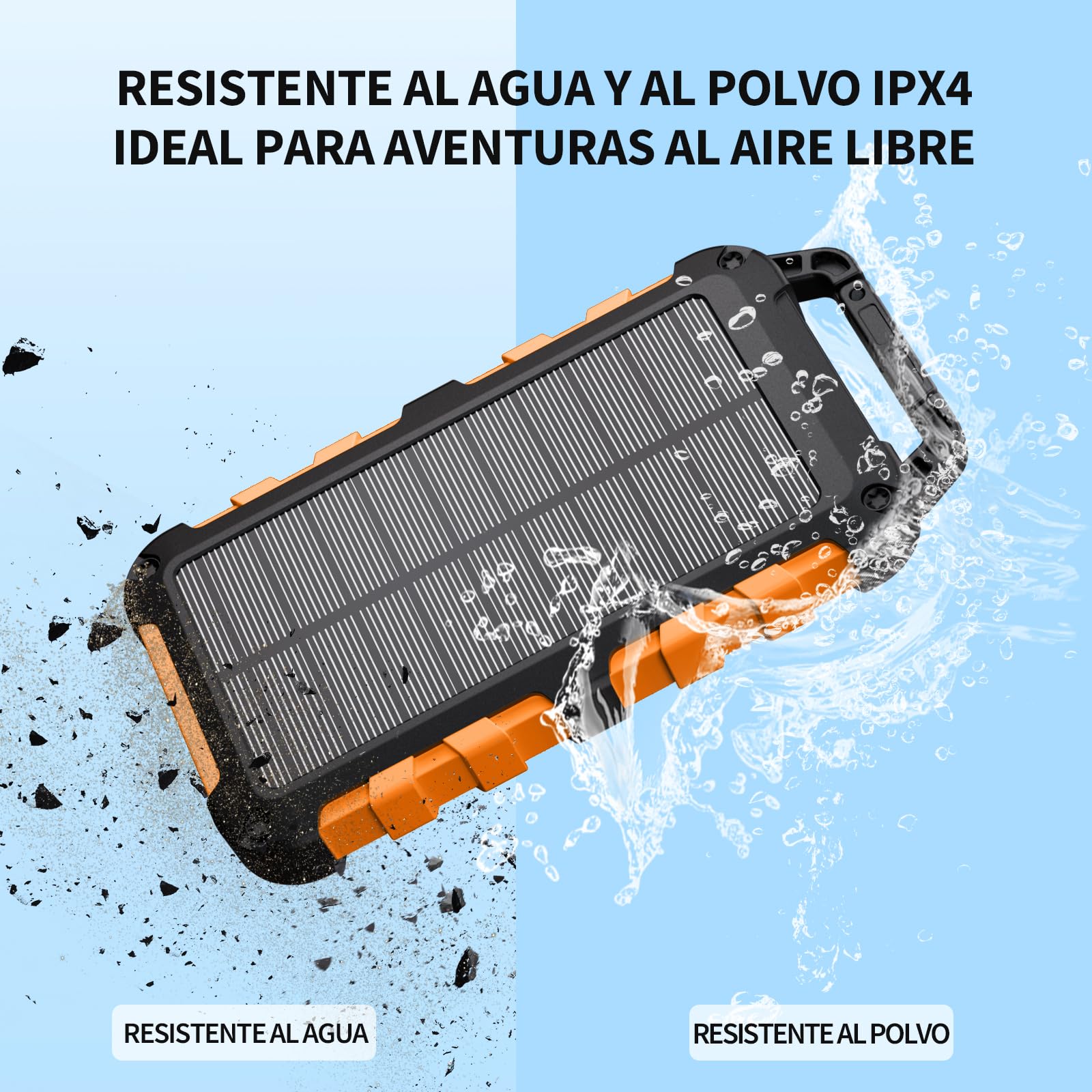Cargador Solar 10000 mAh Power Bank Solar, Bateria Externa con Carga Rápida 22,5W Impermeable IPX4 2 Puertos USB + Linterna LED Compatible con Smartphones Tablets Camping y Emergencias Naranja