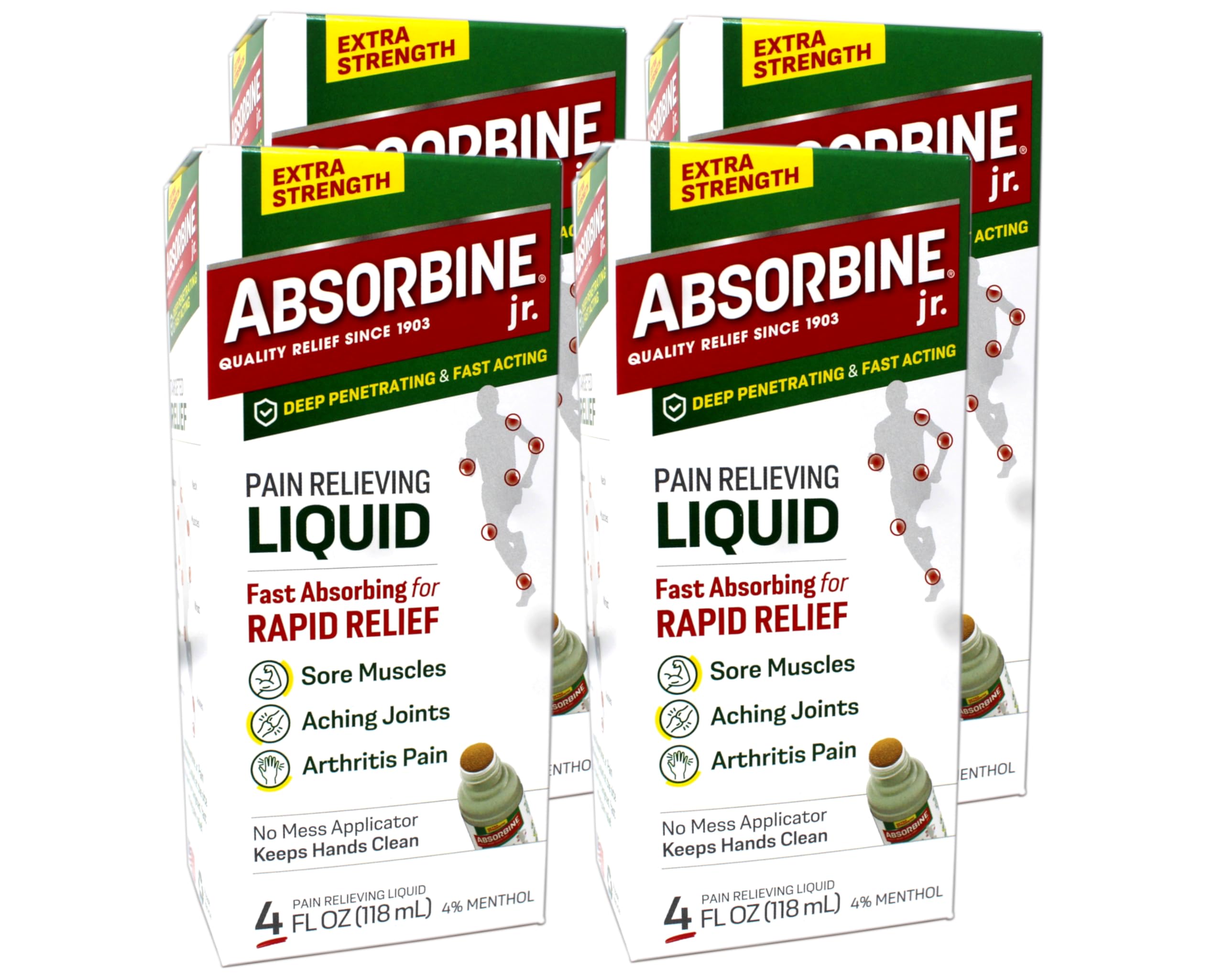 ABSORBINE JR. Extra Strength Pain Relieving Liquid, for Muscle, Joints, Arthritis Pain, with No-Mess Applicator, 4 Oz - 4 Pack