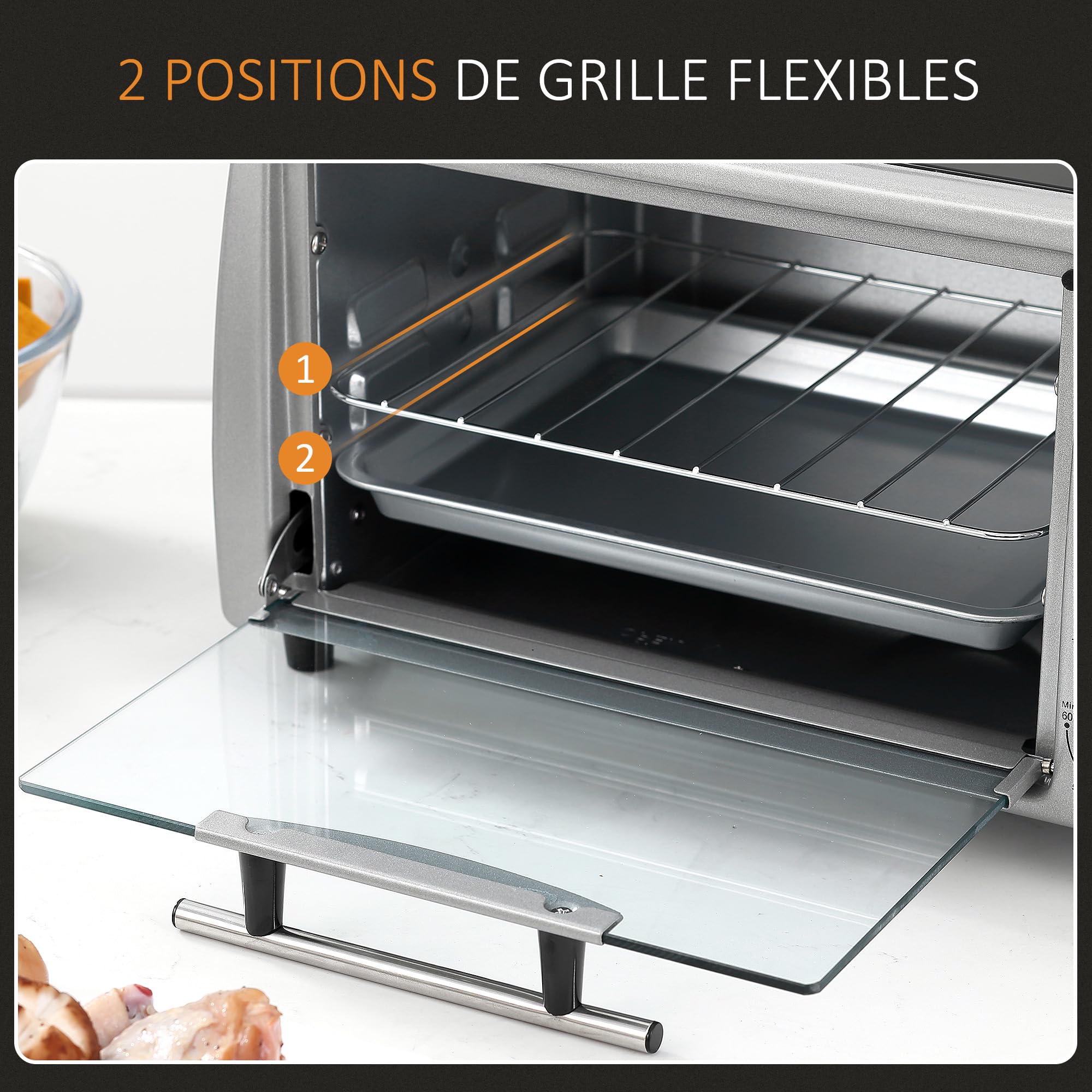 HOMCOM Mini four électrique 10L avec 1 grille et 1 plateau, température réglable de 100°C à 230°C, Minuteur 60 min, 36,5x26x22cm, argent