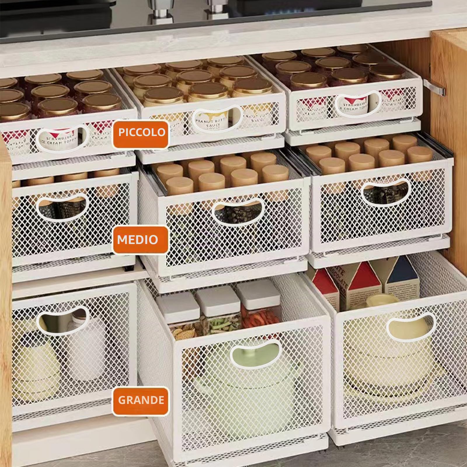 Cestello scorrevole per armadietto, organizer per cassetti, autoadesivo, per dispensa, resistente, in acciaio al carbonio, con maniglia, per bagno, cucina, casa