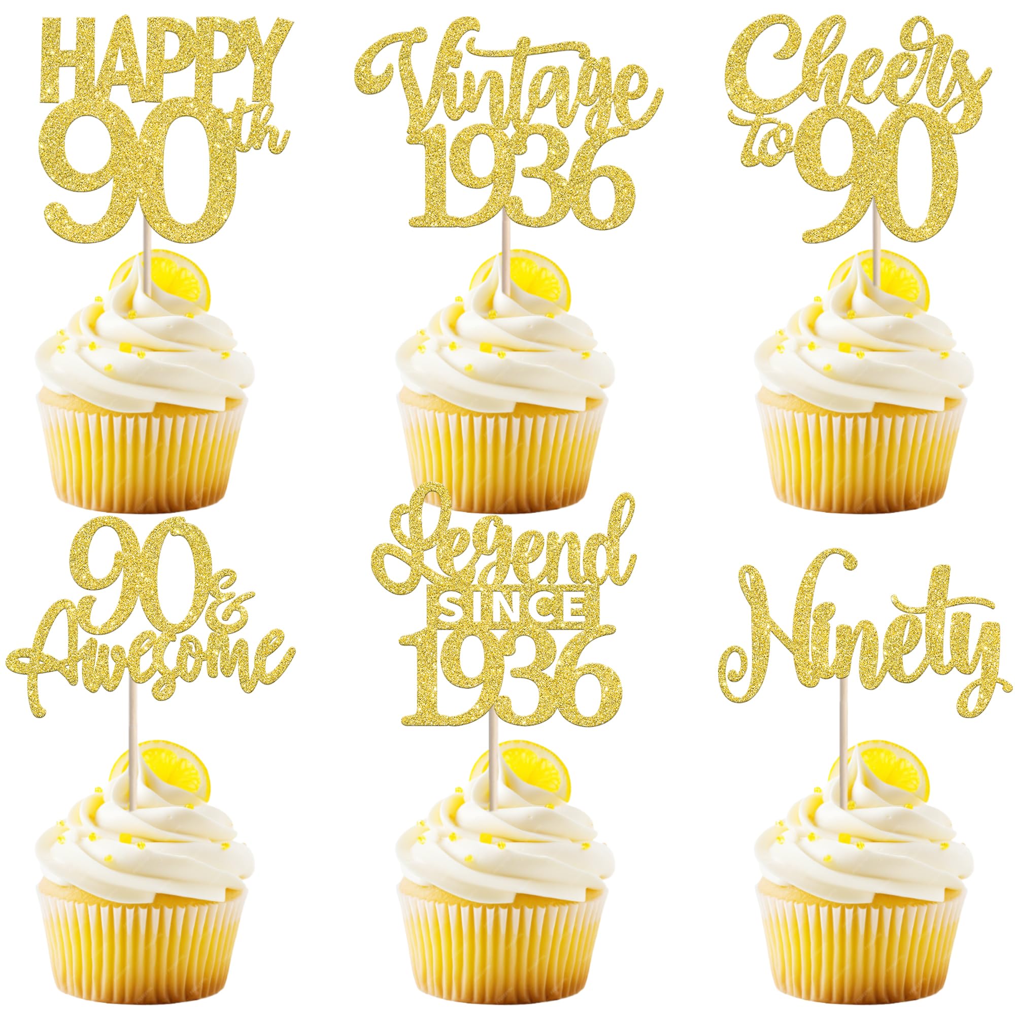 24PCS Happy 90th Birthday Cupcake Toppers Ninety Vintage 1936 Cupcake Picks Cheers to 90 Lengend Since 1936 Cake Decorations for 90th Birthday