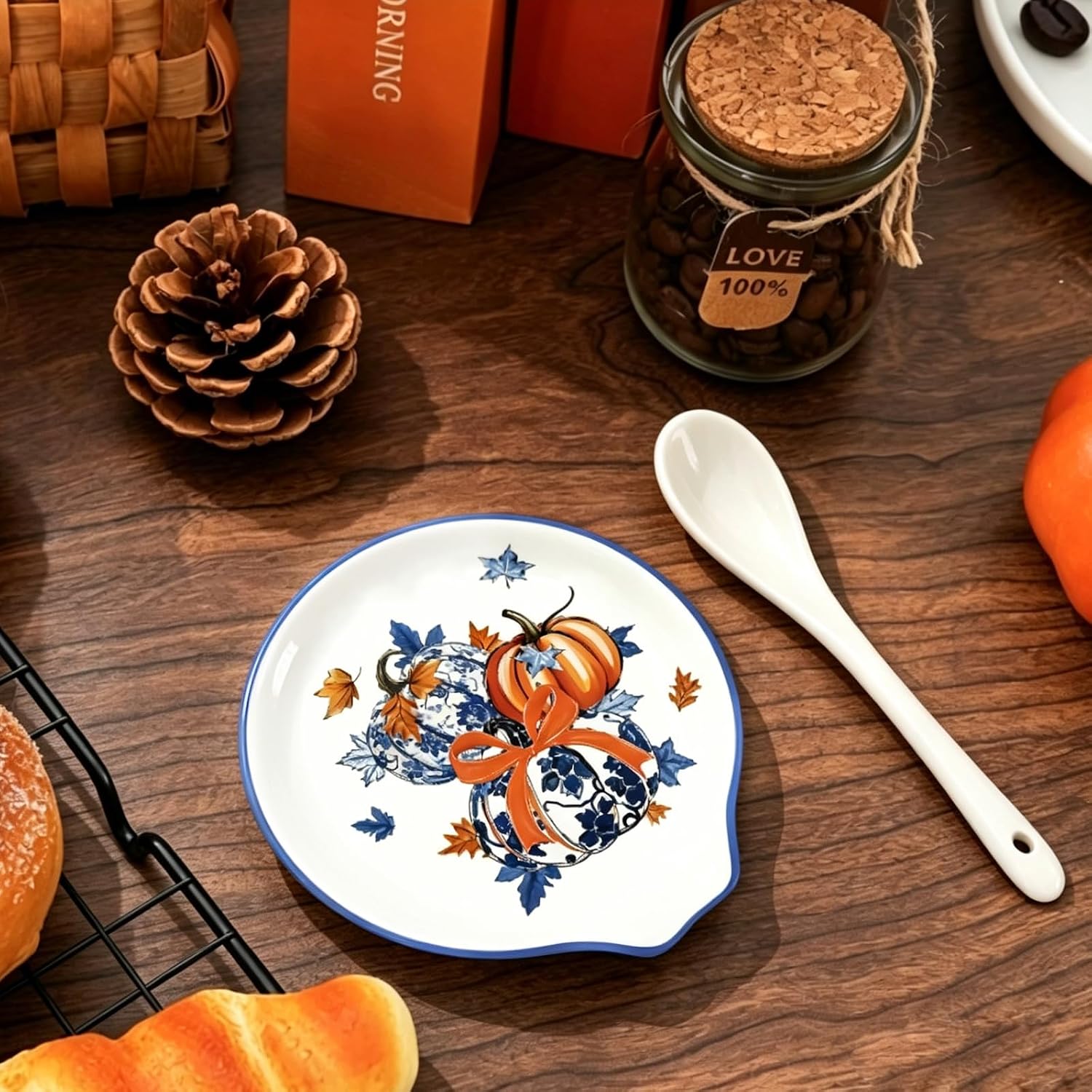 JarThenaAMCS 4.7 Inch Fall Ceramic Spoon Rest, Blue Pumpkin Maple Leaf