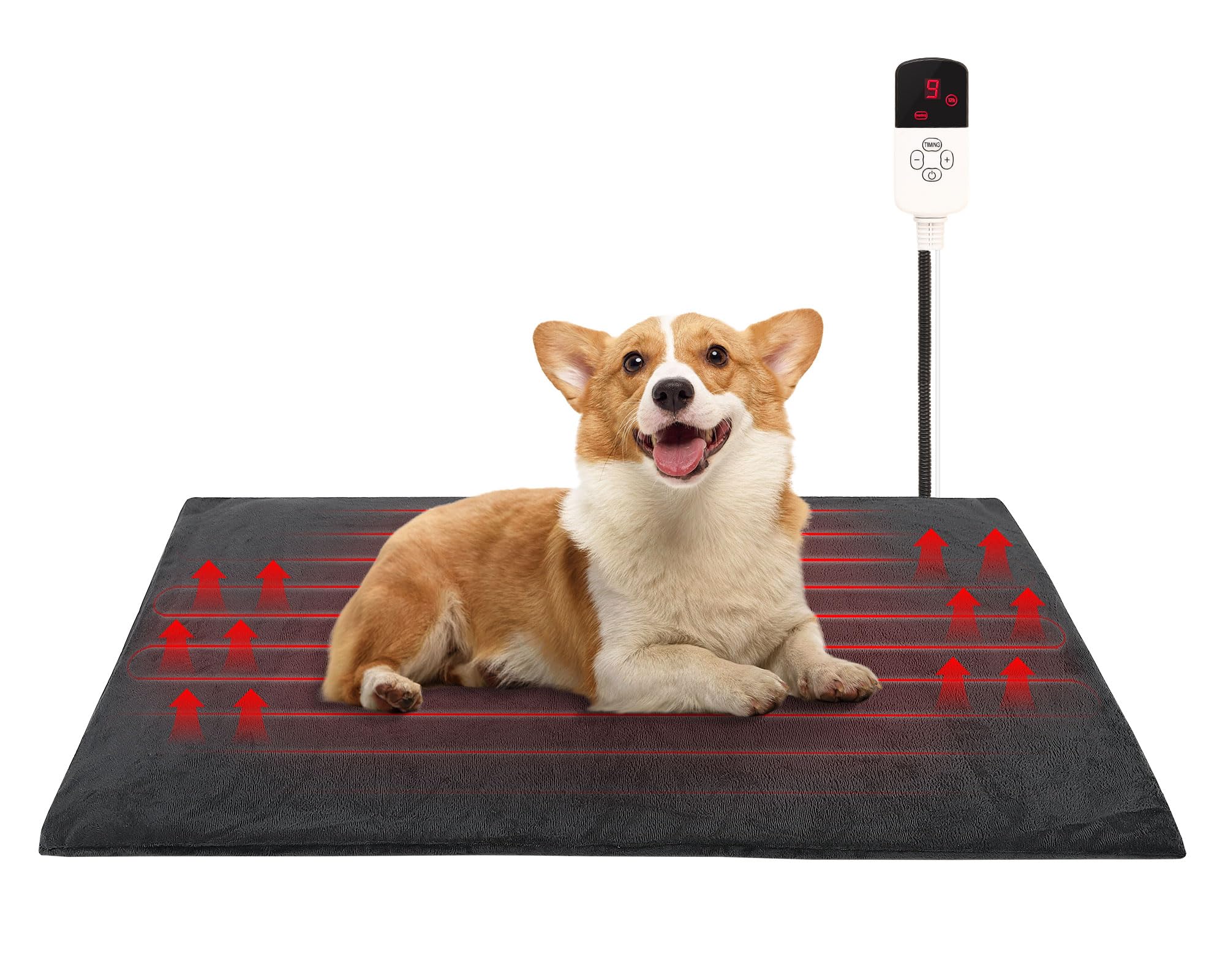 Heating Pad for Dogs Cats, 28x16in, 9 Adjustable Temperature Pet Heated Mat with Timer, Dog & Cat Indoor Heating Bed with Chew Resistant Cord, Cover Machine Washable & Liner Waterproof Fireproof