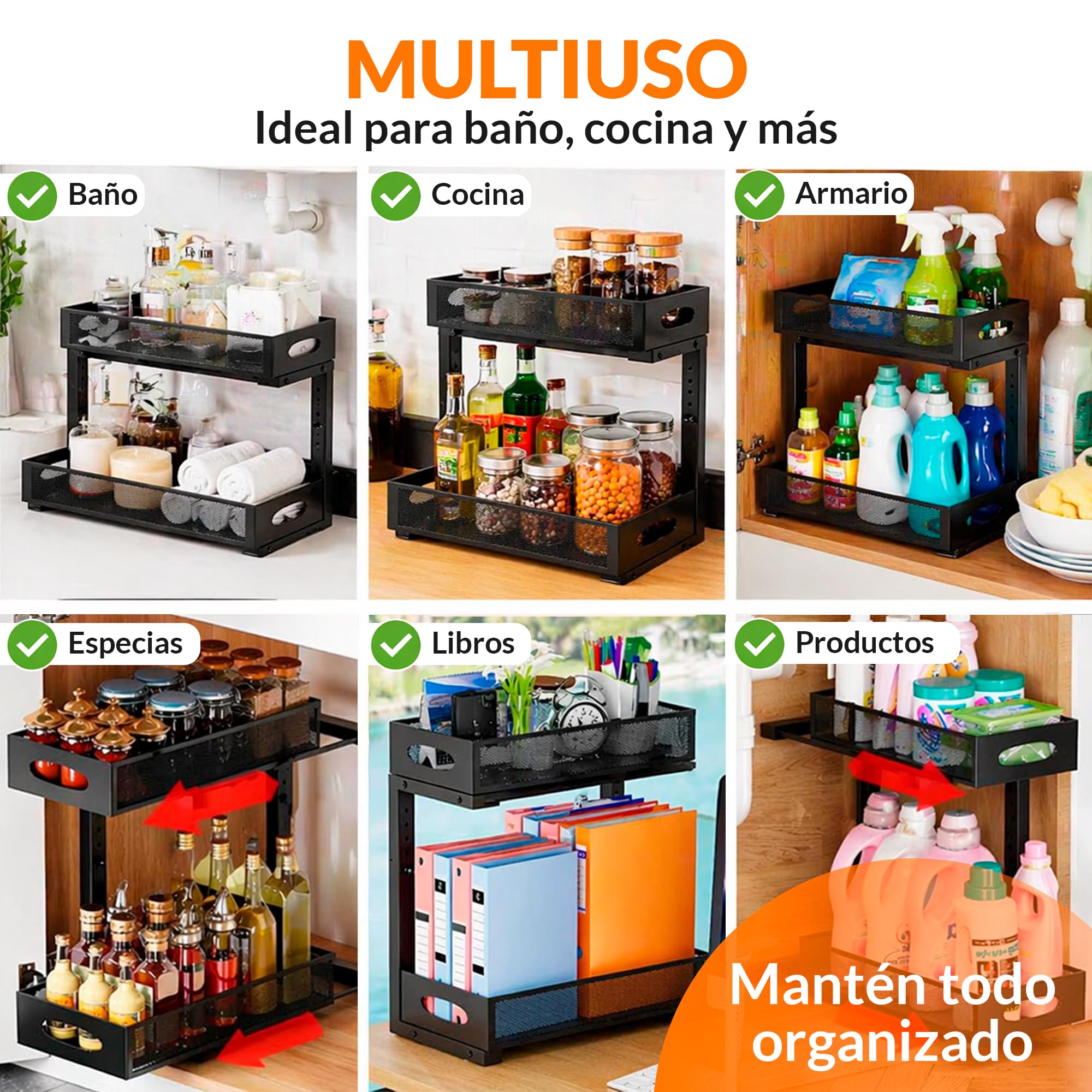 XARA Organizador Bajo Fregadero Metal Negro Pack 2 | Doble Altura, Bandejas Extraíbles