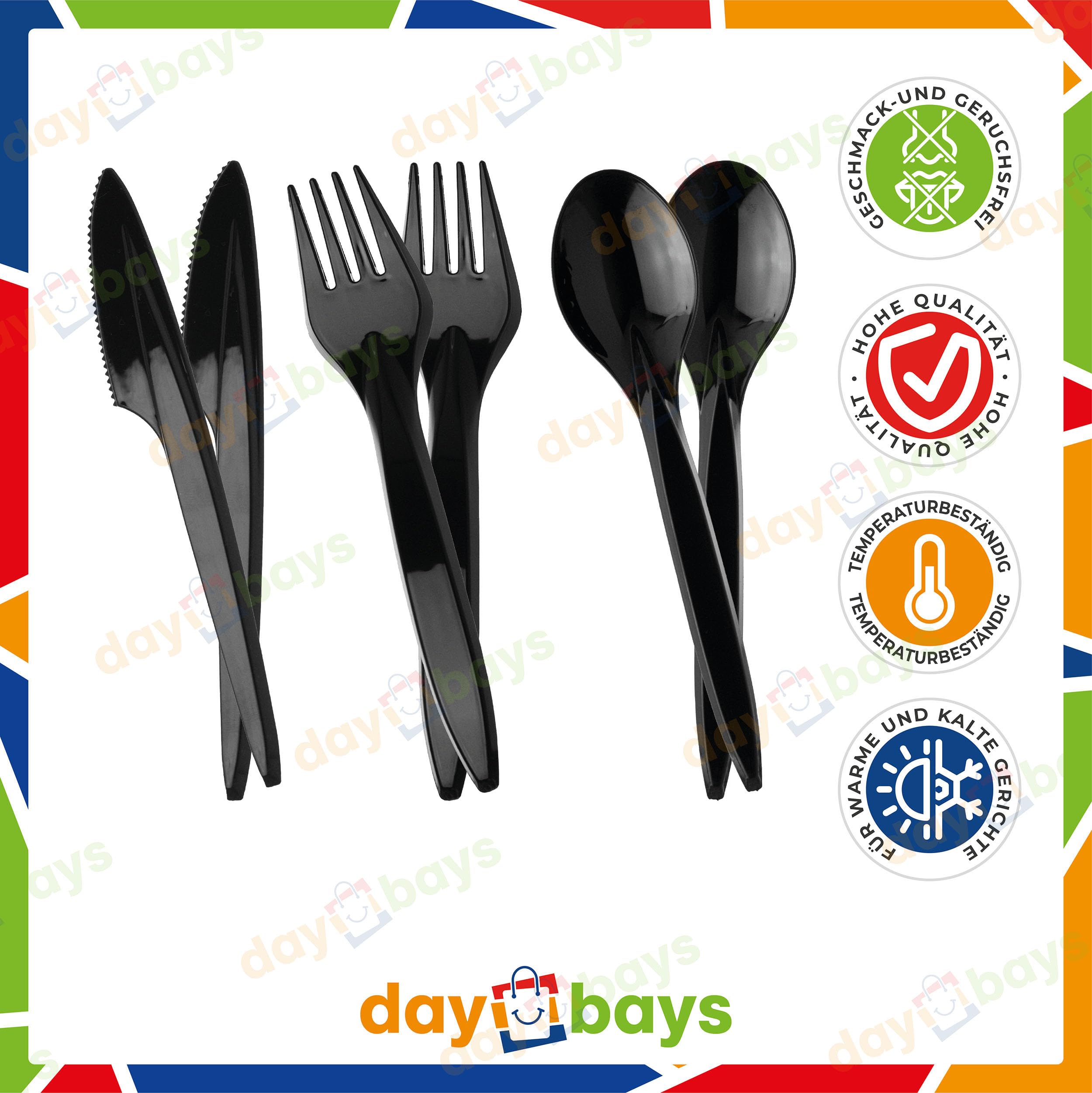 Plastikbesteck Set 1000x Plastikgabel 1000x Plastikmesser 1000x Plastiklöffel Mehrweg Geschirrset Partybesteck Plastikgeschirr Mehrwegbesteck Spülmaschinenbeständig (1000, Schwarz)