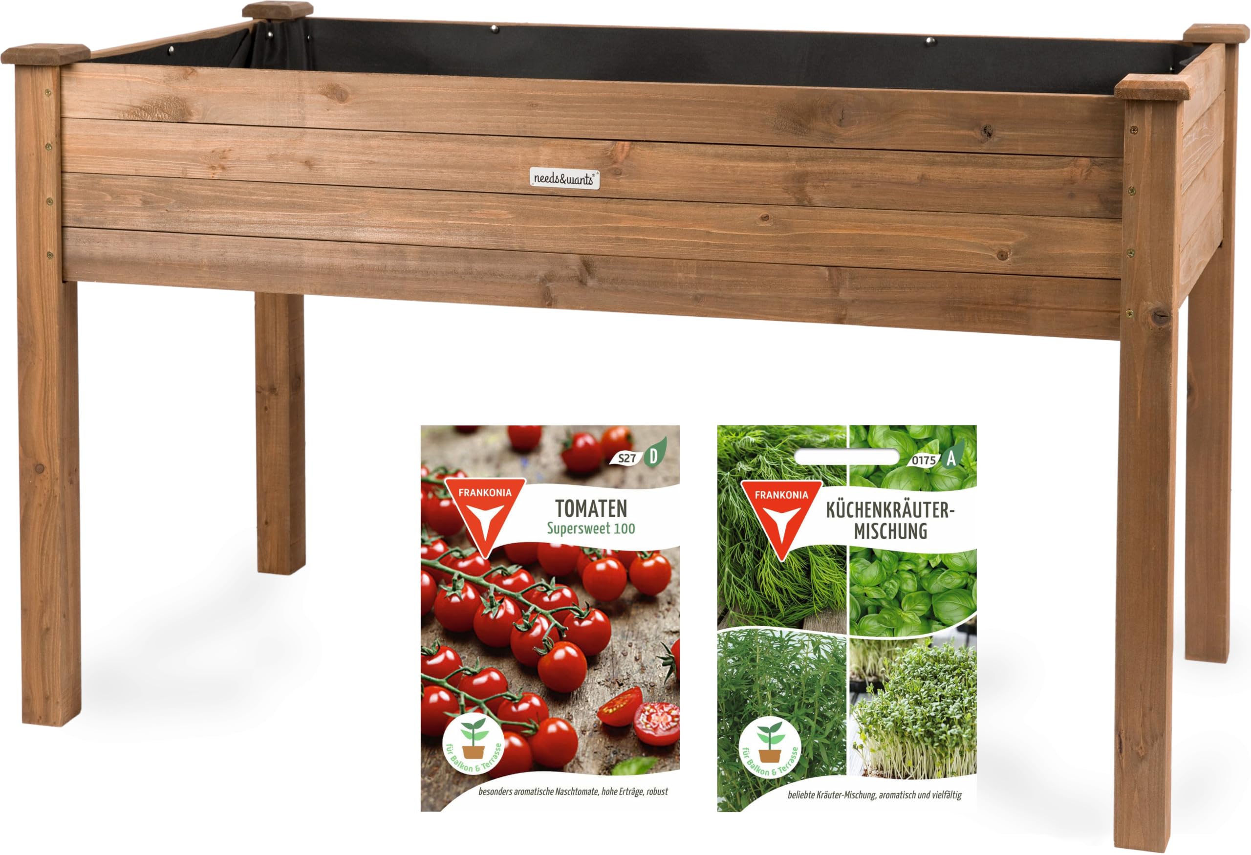 needs&wants® Großes Hochbeet aus Holz für Garten Balkon Terrasse, Pflanzkasten Bausatz XL rechteckig schmal mit Vlies-Folie, Kräuterbeet Pflanzenkasten deko, 121 x 63 x 75 cm, dunkel-braun