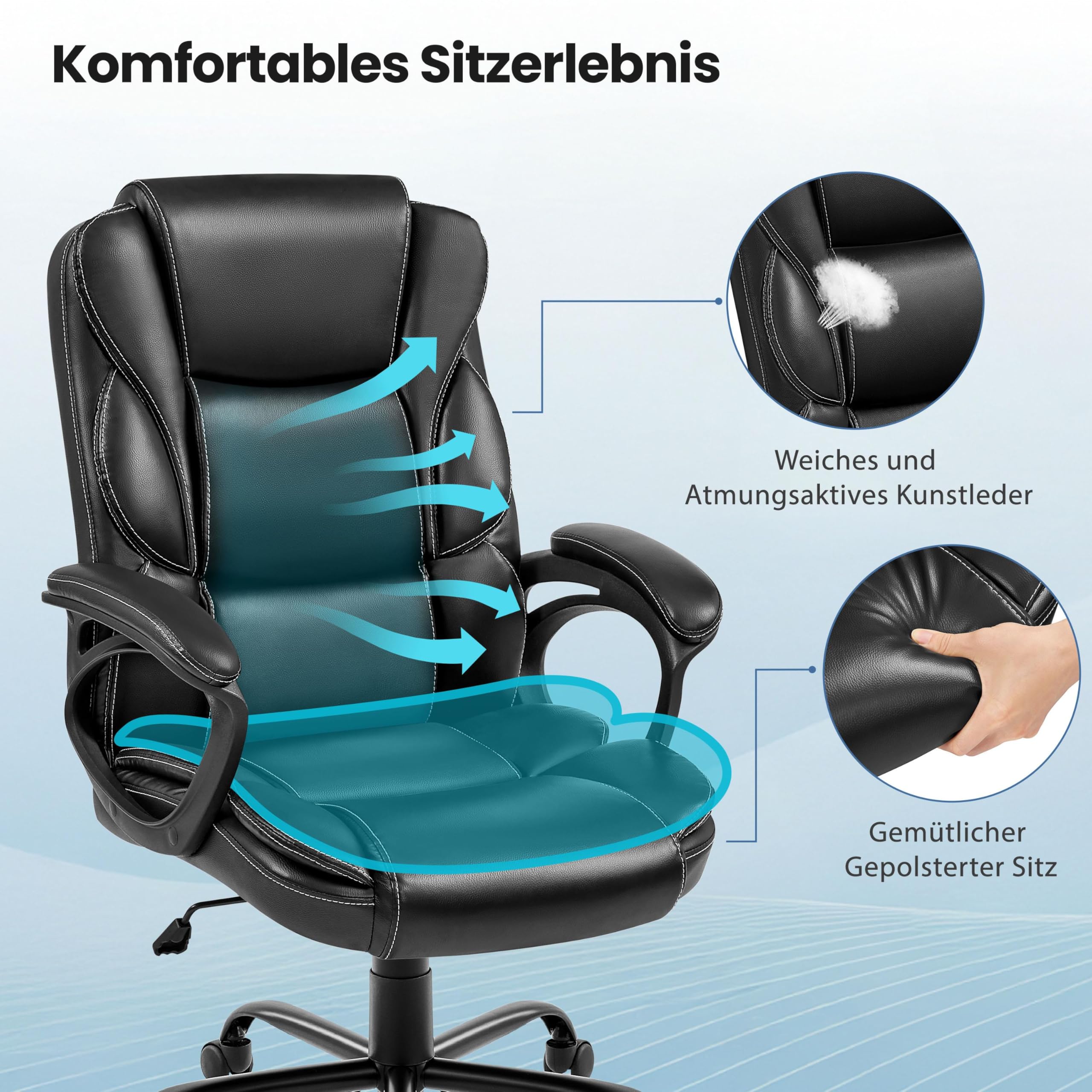 Yaheetech Bürostuhl Schreibtischstuhl, Chefsessel aus Kunstleder, Drehstuhl mit Rollen, Computerstuhl mit Hoher Rückenlehne, Wippfunktion, Belastbar bis 136 kg, Schwarz