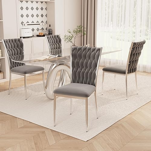 Miniatura 8 de Juego de 6 sillas de comedor de terciopelo, modernas sillas de cocina tejidas con patas de metal plateado, cojín tapizado con respaldo alto, Patas