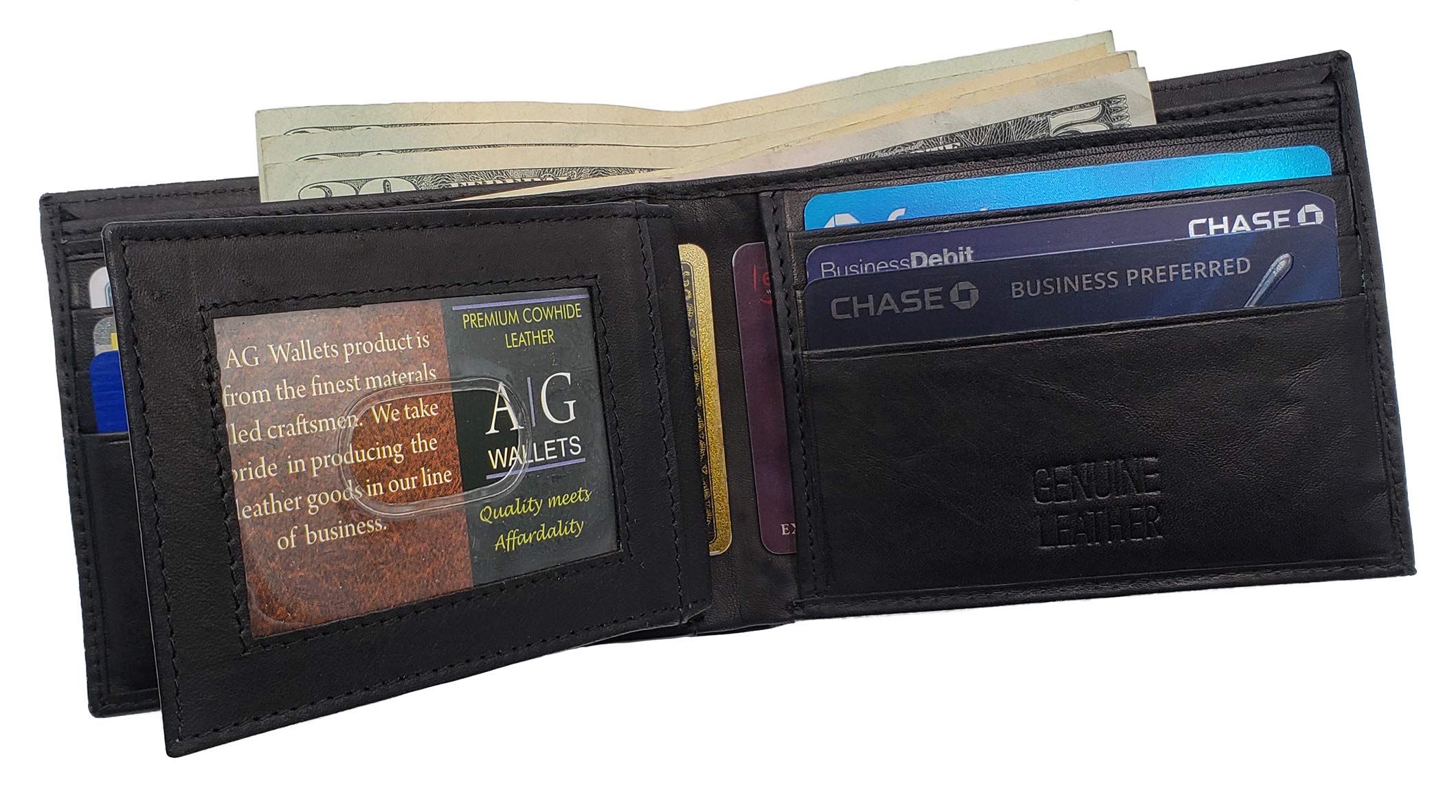 Mens Bifold Wallet - Real Cow Leather, 2 ID Center Flap, 2 Full Size Bill Compartments, Slim Credit Card Holder, Black