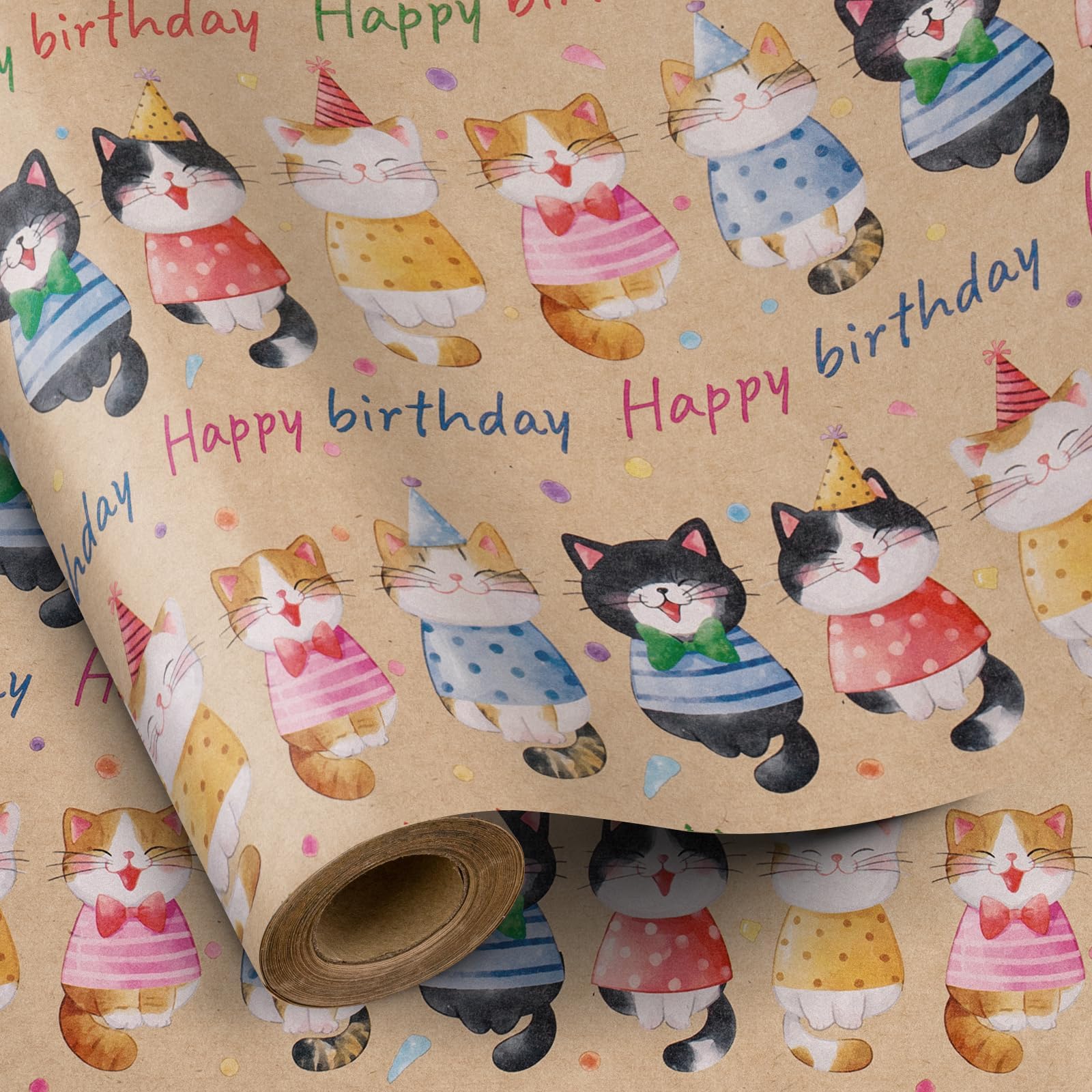 RUSPEPA Birthday Wrapping Paper Roll for Kids - Mini Roll - Adorable Cat Kitten Kitty Gift Wrap Paper, Colorful Kraft Paper for Boys and Girls Birthday, Cat Lovers Celebrations - 43.2cm x 5m