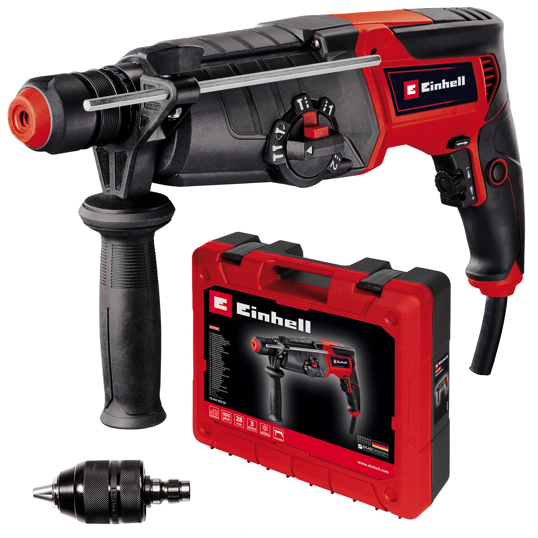 Einhell Martillo perforador TE-RH 950 5F (950 W, engranaje de 2 marchas, intensidad de impacto 3 J, recepción SDS Plus, potencia de perforación hormigón 28mm, tope de profundidad, envío en maletín)