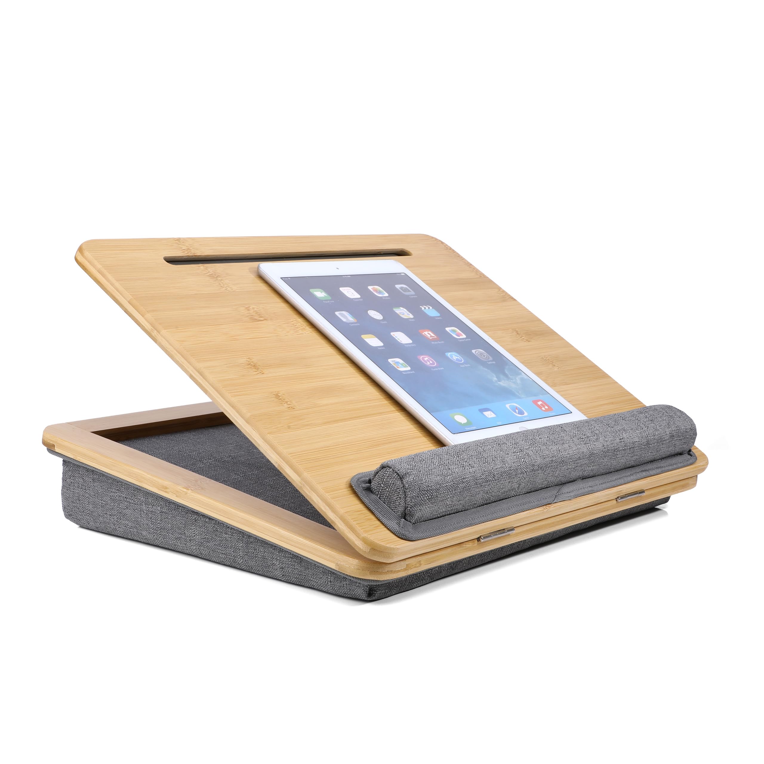 hjh OFFICE Laptopunterlage COMFILAP III Bambus Laptopkissen 4-Fach verstellbar, Knietablett mit Handauflage, Geräte bis 21 Zoll, Grau